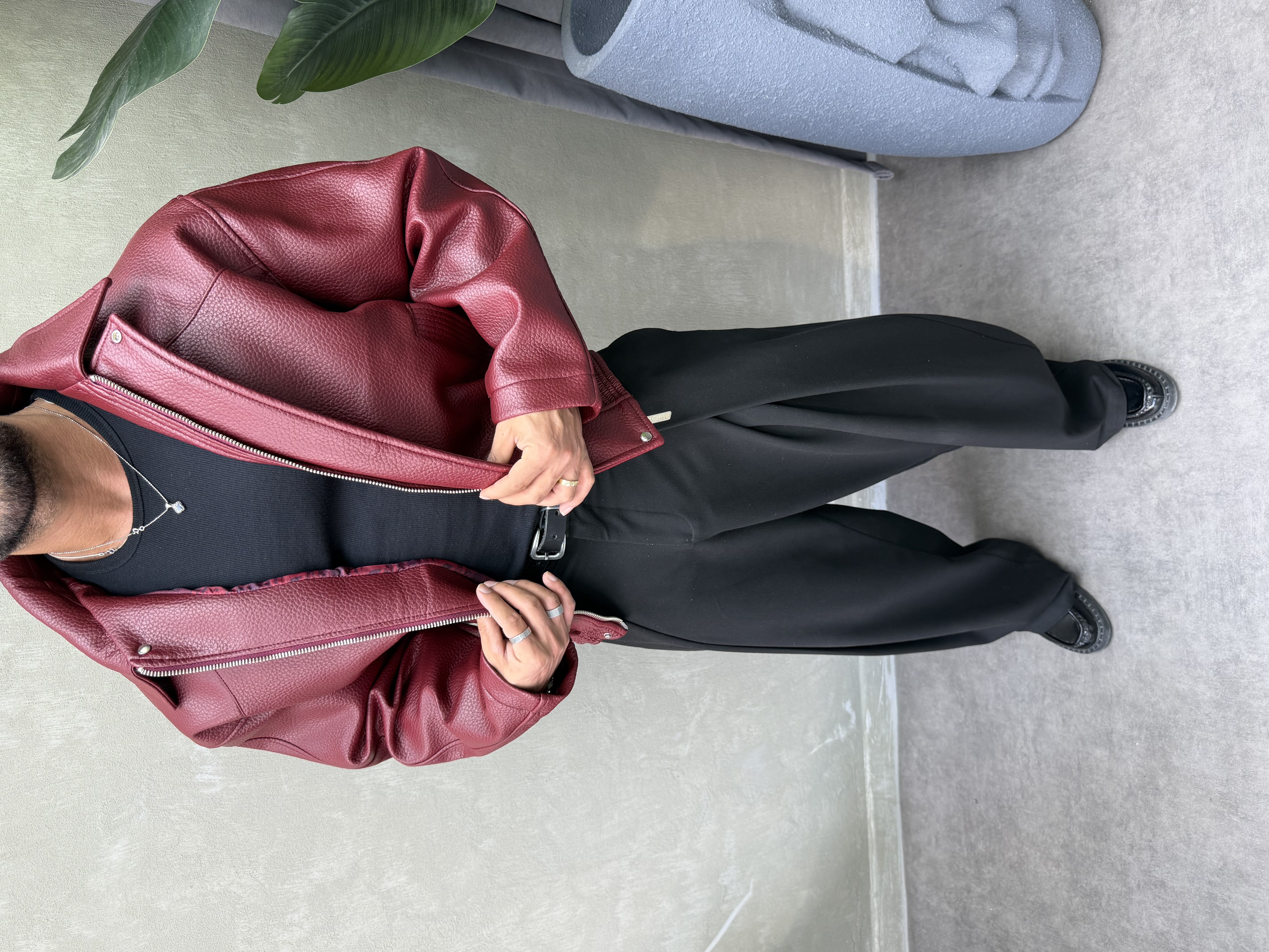 PREMIUM SERİ OVERSIZE YIKAMALI DERİ MONT BORDO