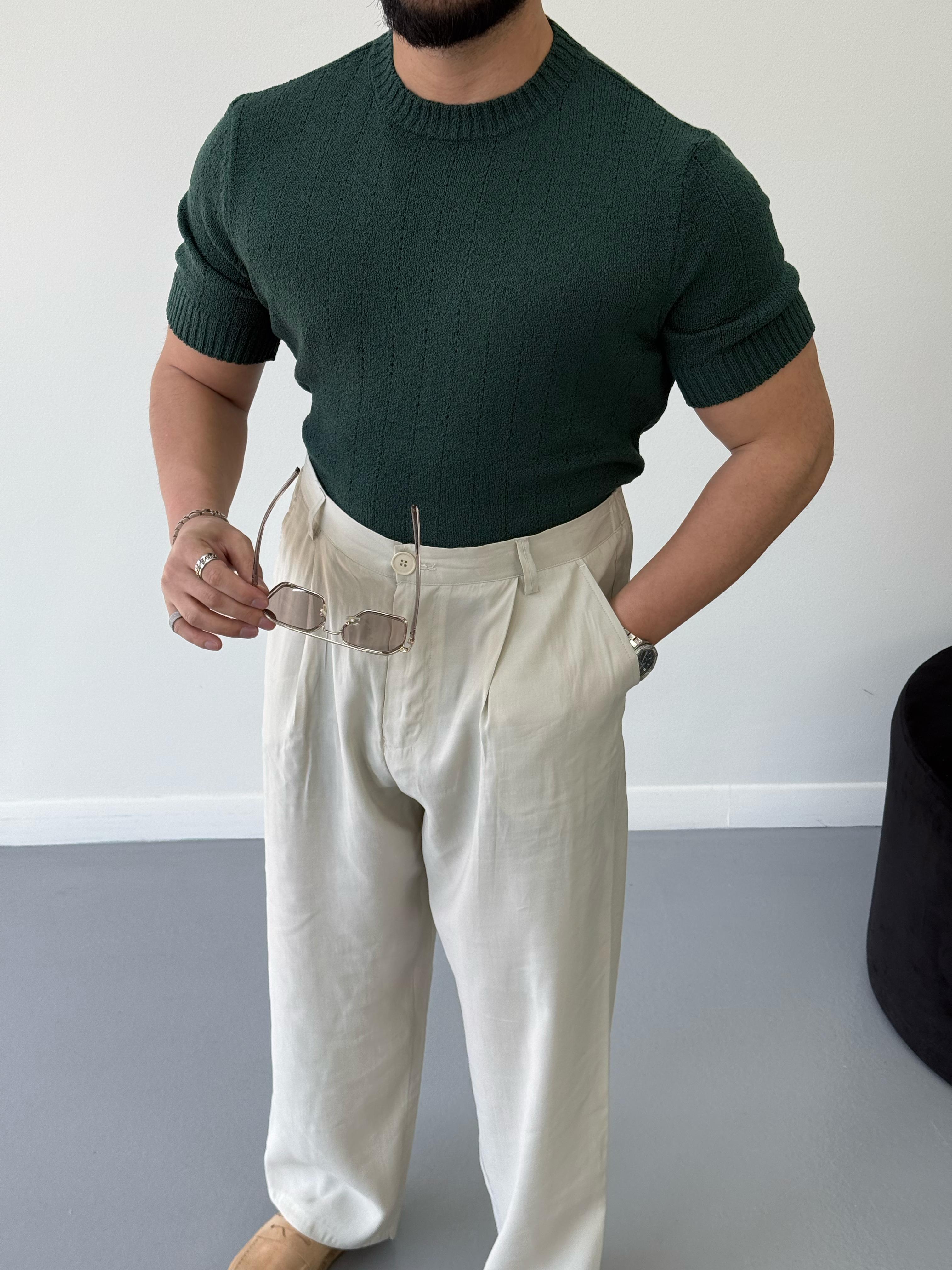 Premium Slimfit Örme Triko Kahverengi Yeşil