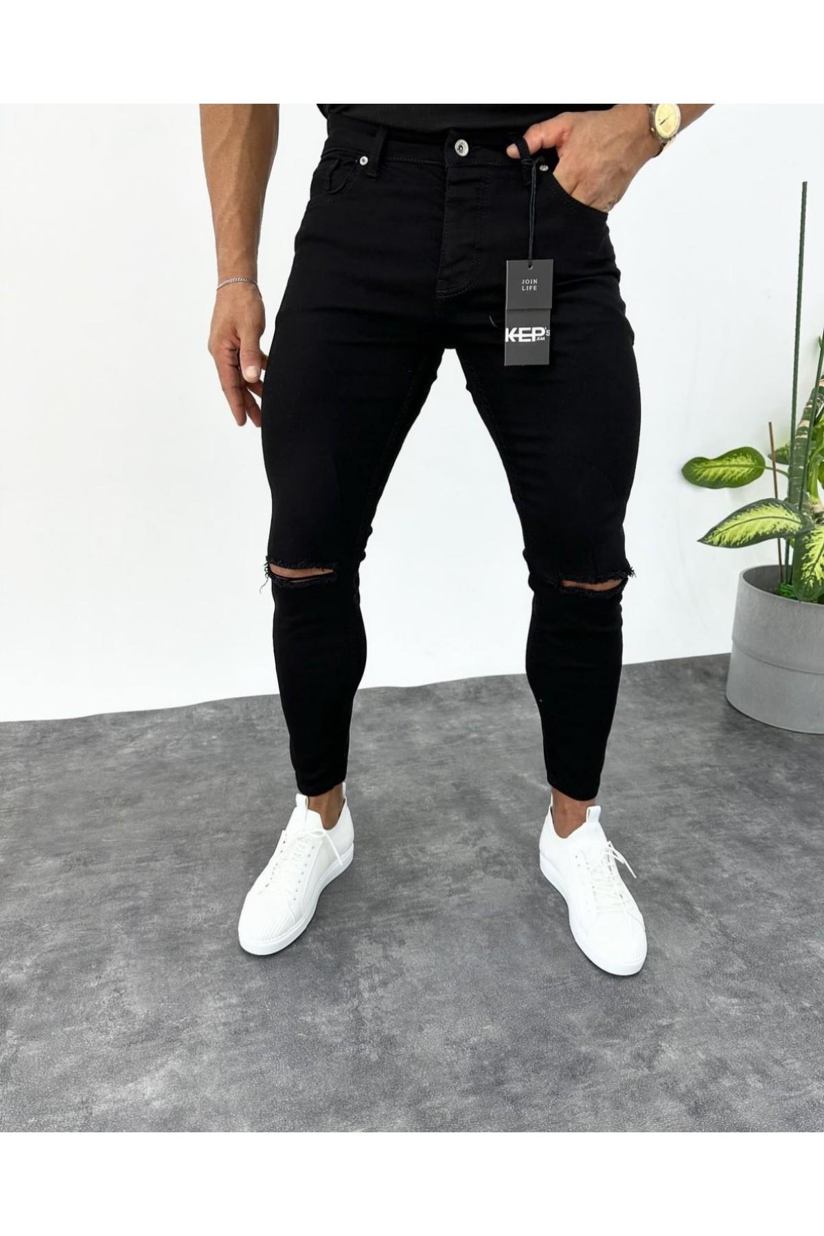 SKİNNY FİT DİZİ YIRTIK JEAN SİYAH