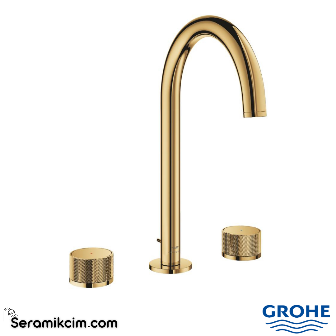 Grohe Atrio Private Collection 3 Delikli Ankastre Lavabo Bataryası, Sifon Kumandalı (L-Boy), Parlak Altın 20595GL0 - 20595GL0