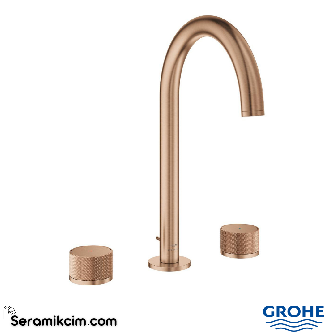 Grohe Atrio Private Collection 3 Delikli Ankastre Lavabo Bataryası, Sifon Kumandalı (L-Boy), Fırçalı Bakır 20595DL0