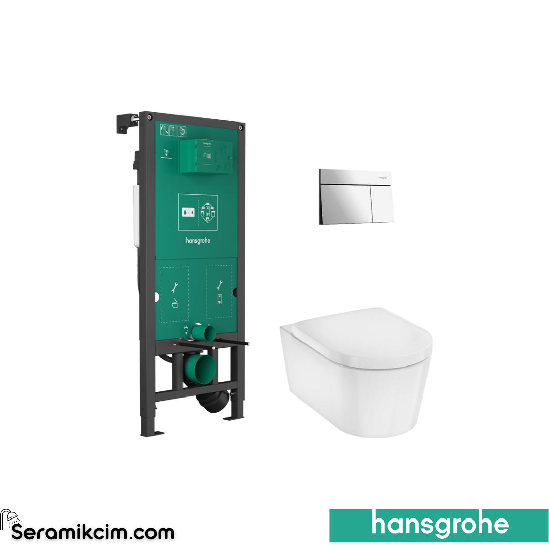 Hansgrohe Elupura S Iframe Gömme Rezervuar + iframe Element E Parlak Krom Kumanda Paneli + EluPura Asma Klozet + Klozet Kapağı Set Beyaz 60303700