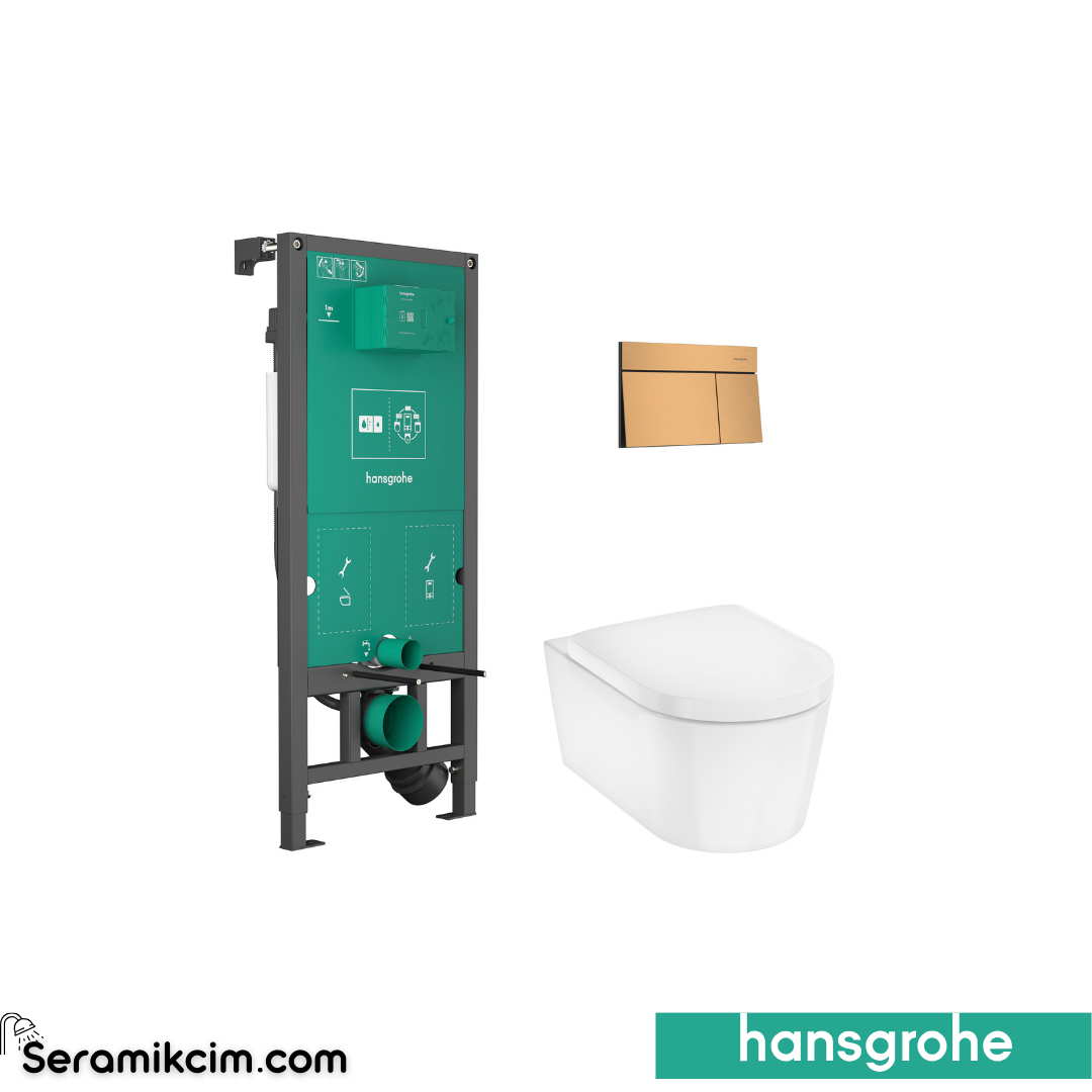 Hansgrohe Elupura S Iframe Gömme Rezervuar + iframe Element E Mat Bronz Kumanda Paneli + EluPura Asma Klozet + Klozet Kapağı Set Beyaz 60303700
