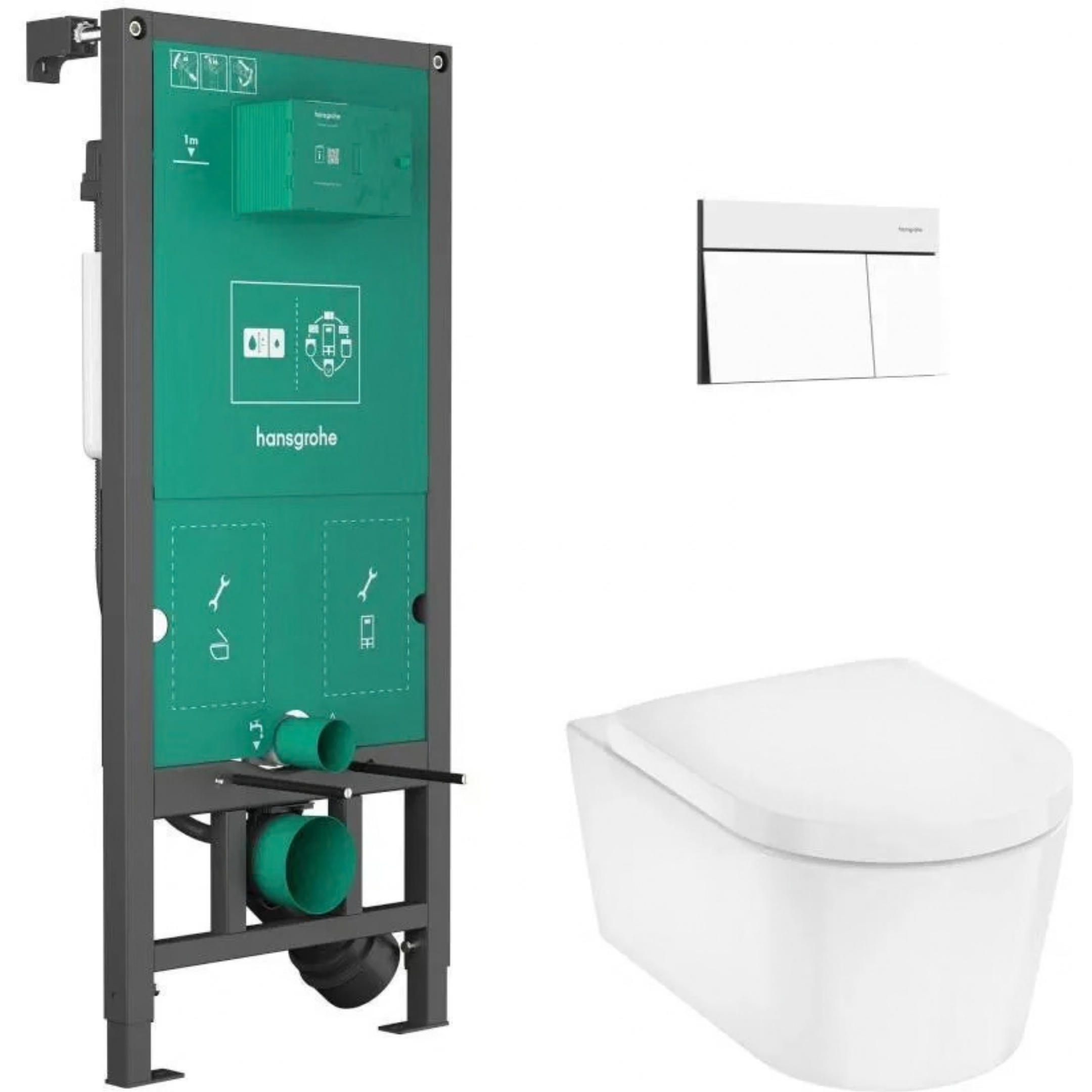 Hansgrohe Elupura S Iframe Gömme Rezervuar + iframe Element E Mat Beyaz Kumanda Paneli + EluPura Asma Klozet + Klozet Kapağı Set Beyaz 60303700