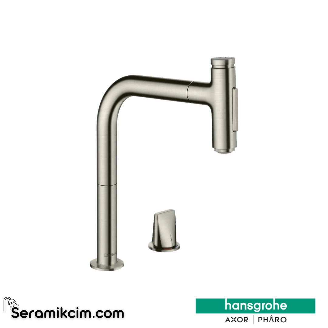Hansgrohe Metris Selet M71 H200 2 Delikli Eviye Bataryası Spiralli Paslanmaz Çelik 73819800