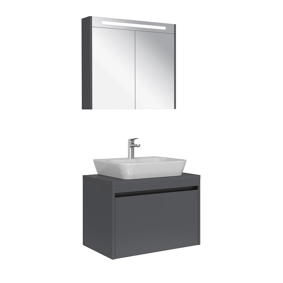 Kale Banyo İdea 2.0 (Durabad) 80Cm Set Parlak Antrasit (Lavabo+Tek Çekmeceli+Çanak Lavabo+Aydınlatmalı Ayna Dolabı) - 610100200593
