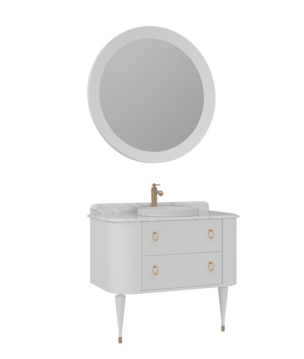 Orka Felice 100cm Banyo Dolabı Set (Altın Detay) Ahşap Ayaklı Mat Beyaz