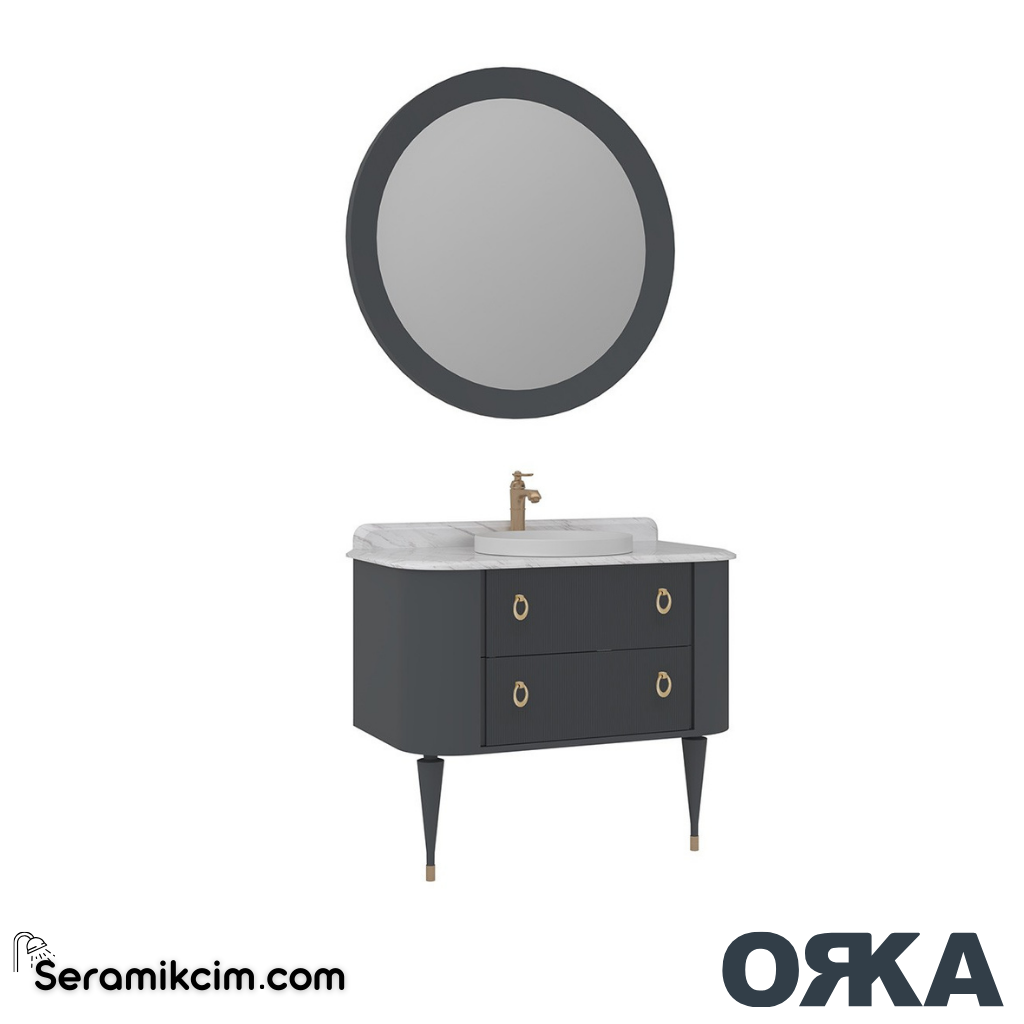 Orka Felice 100cm Banyo Dolabı Set Altın Ahşap Ayaklı Mat Antrasit - ORK070.100.01.TKM