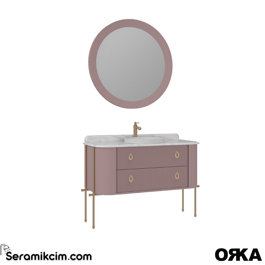 Orka Felice 127cm Banyo Dolabı Set (Altın Detay) Metal Ayaklı Mat Pudra