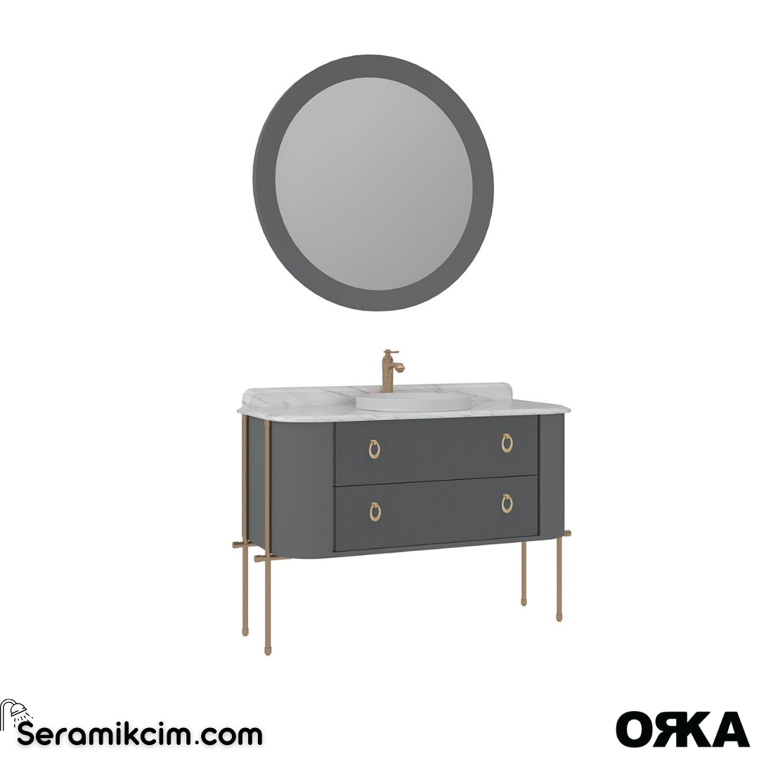Orka Felice 127cm Banyo Dolabı Set (Altın Detay) Metal Ayaklı Mat Gri