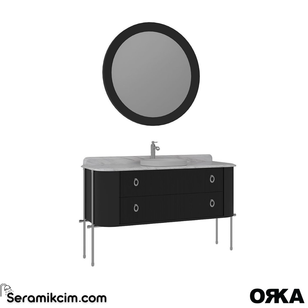 Orka Felice 147cm Banyo Dolabı Set (Krom Detay) Metal Ayaklı Mat Siyah