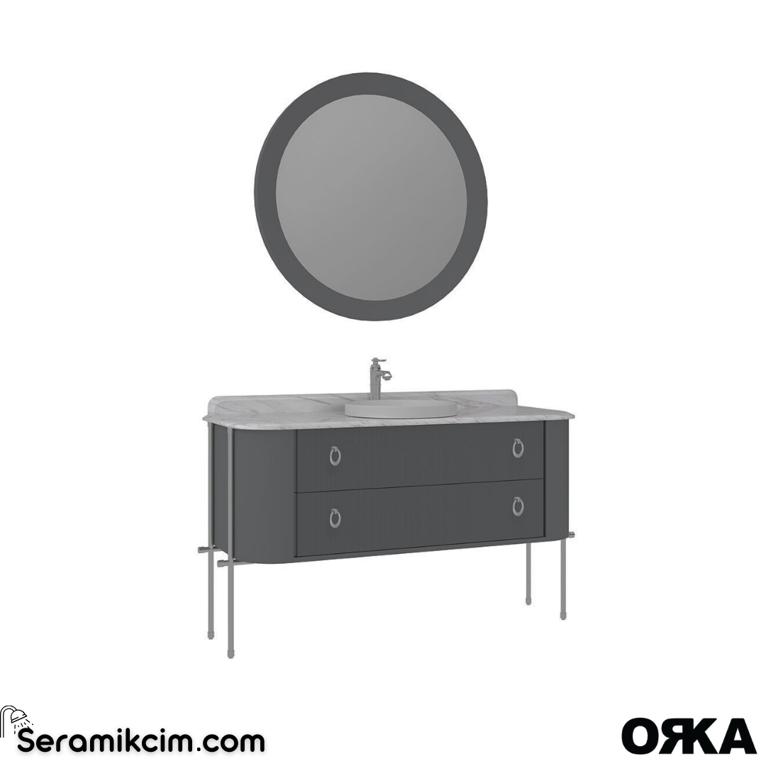 Orka Felice 147cm Banyo Dolabı Set (Krom Detay) Metal Ayaklı Mat Gri
