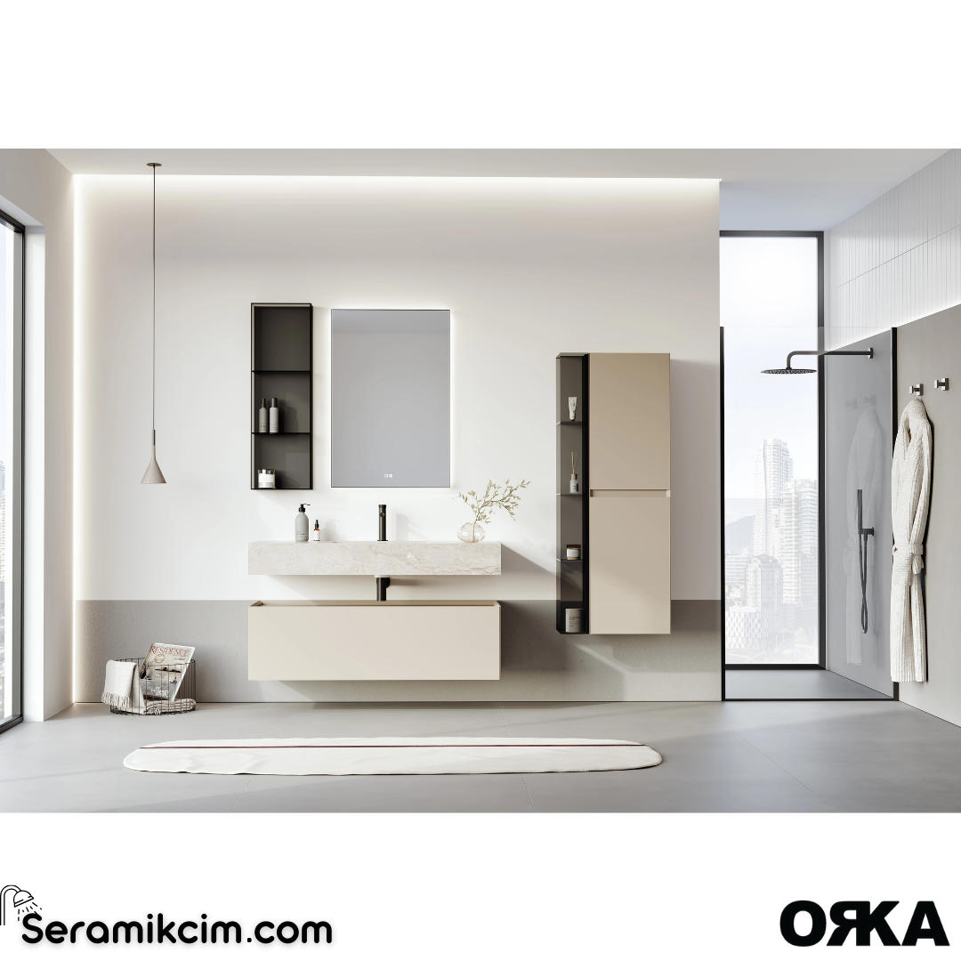 Orka Levanto 100cm Banyo Dolabı Set Porselen Tezgah Mat Bej