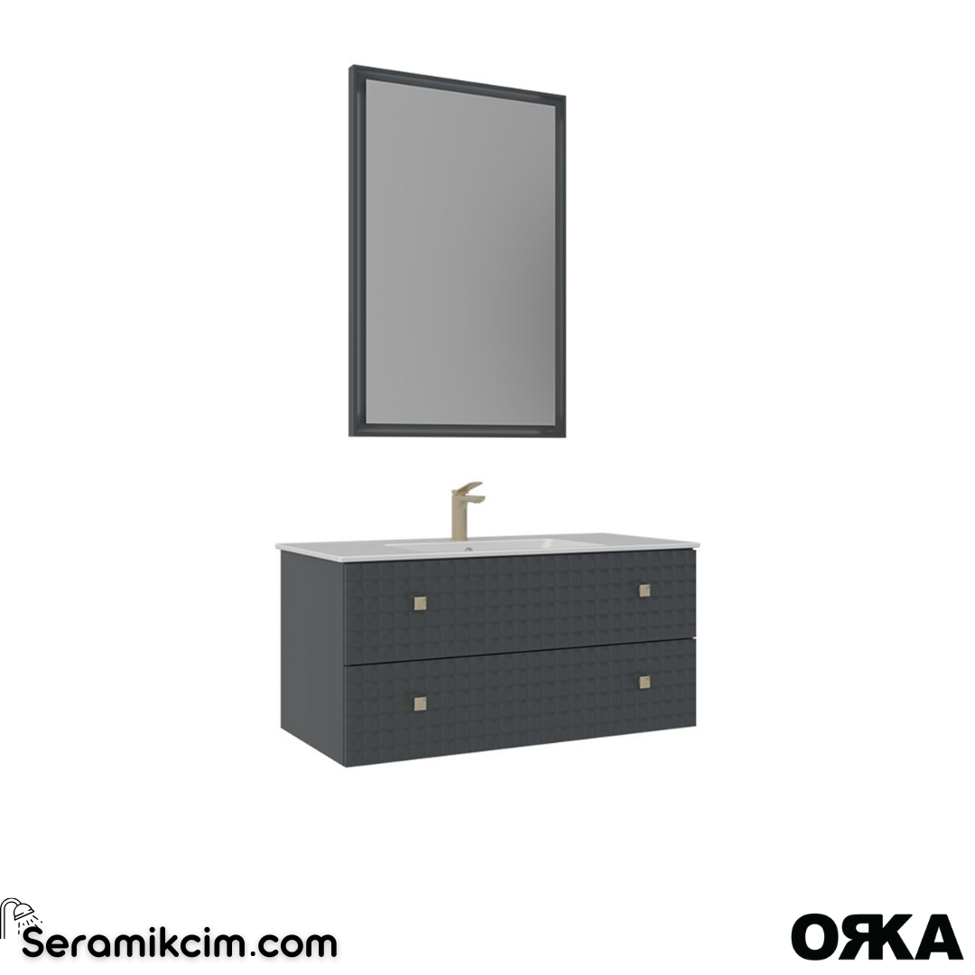 Orka Lipari 100cm Asma Banyo Dolabı Set (Altın Detaylı) Mat Antrasit