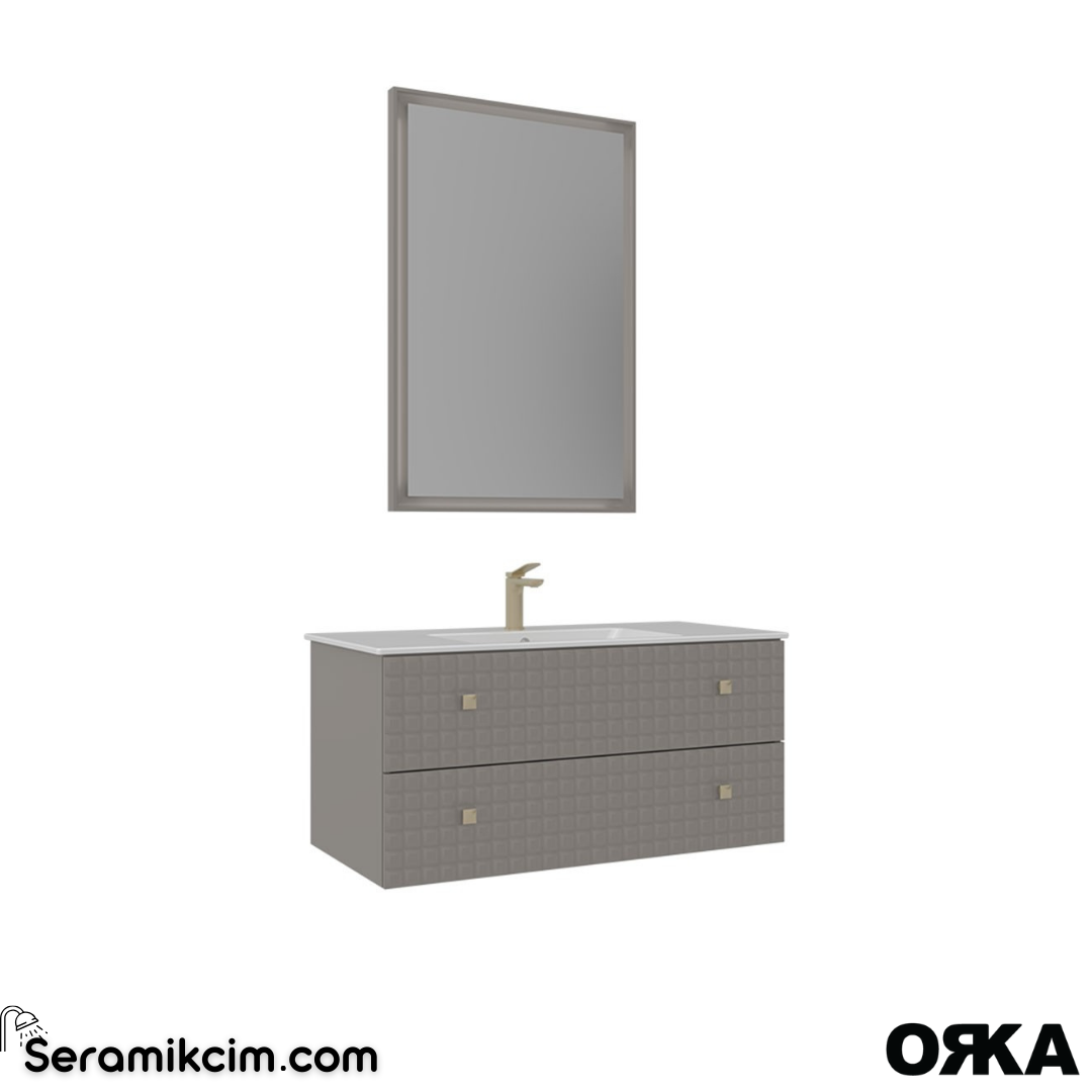 Orka Lipari 100cm Asma Banyo Dolabı Set (Altın Detaylı) Mat Vizon