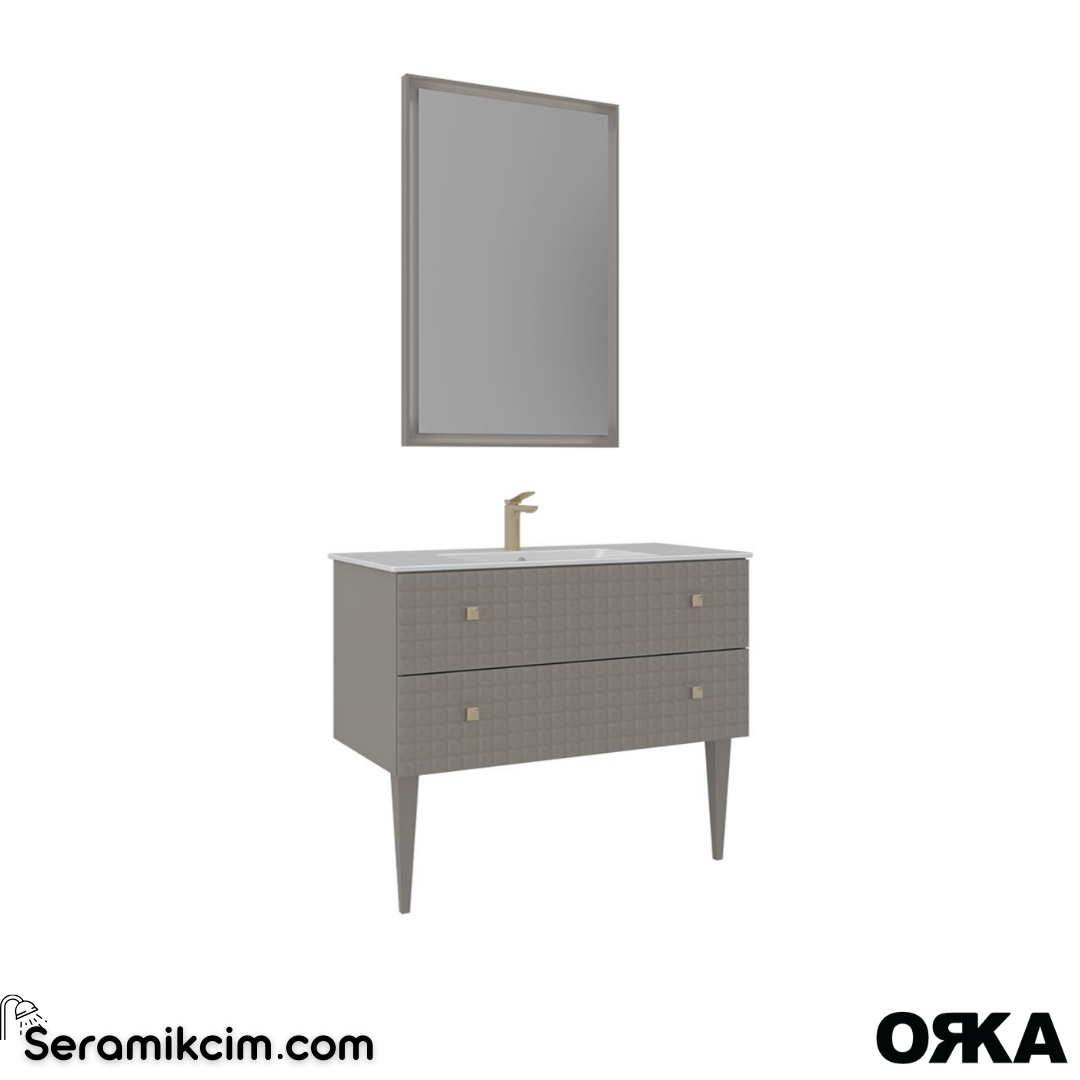 Orka Lipari 100cm Ayaklı Banyo Dolabı Set (Altın Detaylı) Mat Vizon