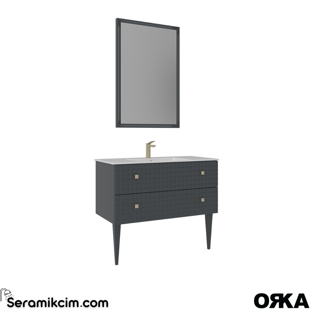 Orka Lipari 100cm Ayaklı Banyo Dolabı Set (Altın Detaylı) Mat Antrasit