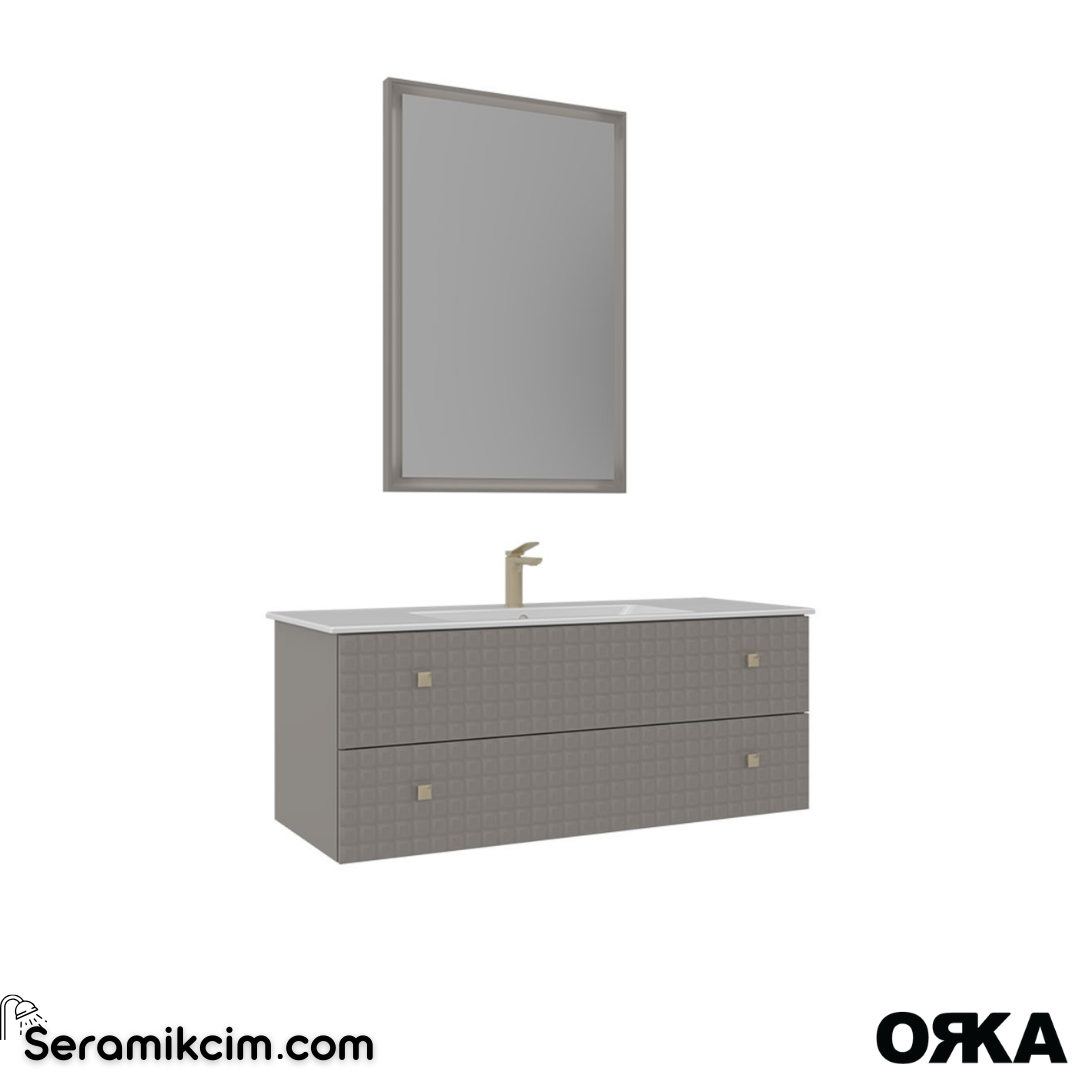 Orka Lipari 120cm Asma Banyo Dolabı Set (Altın Detaylı) Mat Vizon