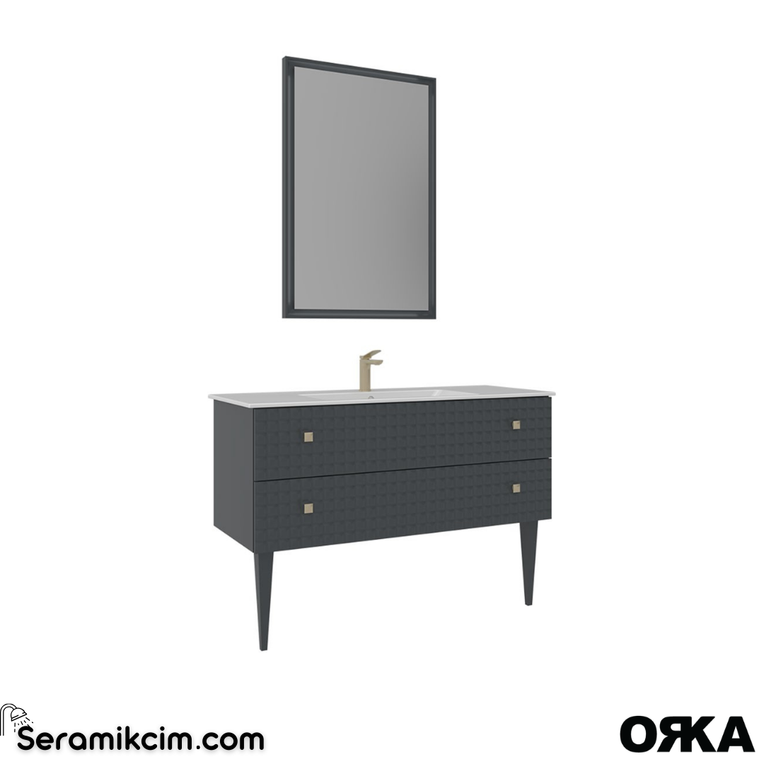 Orka Lipari 120cm Ayaklı Banyo Dolabı Set (Altın Detaylı) Mat Antrasit