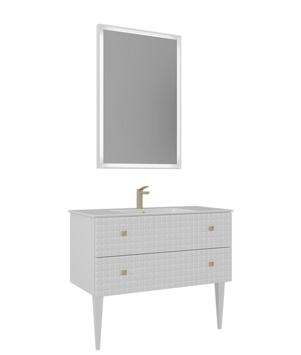 Orka Lipari 80cm Ayaklı Banyo Dolabı Set (Altın Detaylı) Mat Beyaz