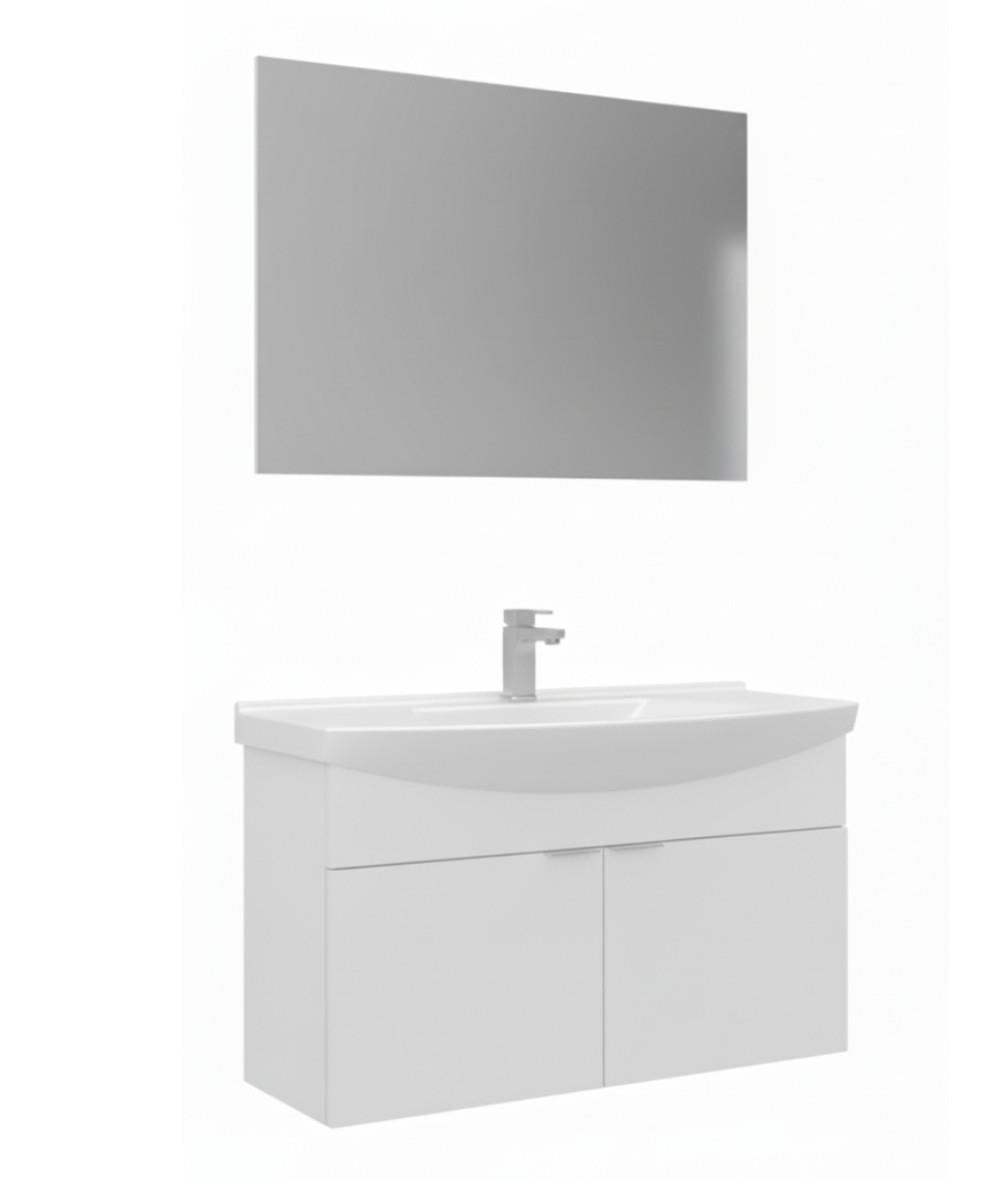 Orka Purus 100cm Ayaklı Banyo Dolabı Set Kapaklı Düz Aynalı Parlak Beyaz