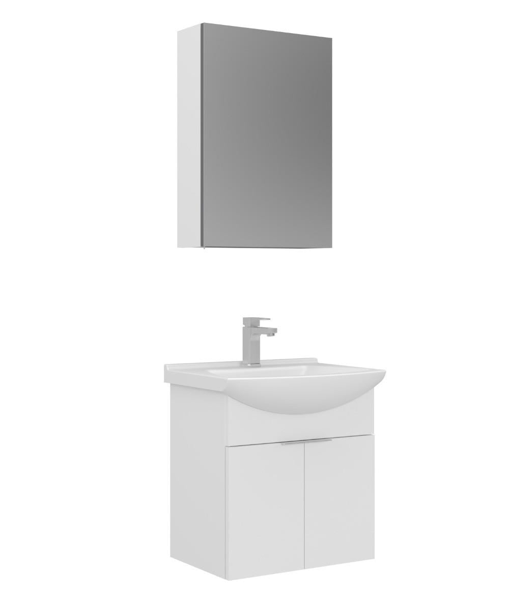 Orka Purus 55cm Asma Banyo Dolabı Set Kapaklı Dolaplı Ayna Parlak Beyaz