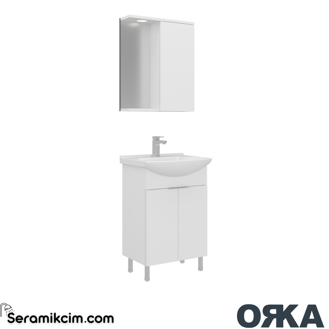 Orka Purus 55cm Ayaklı Banyo Dolabı Set Kapaklı Spot Aynalı Parlak Beyaz