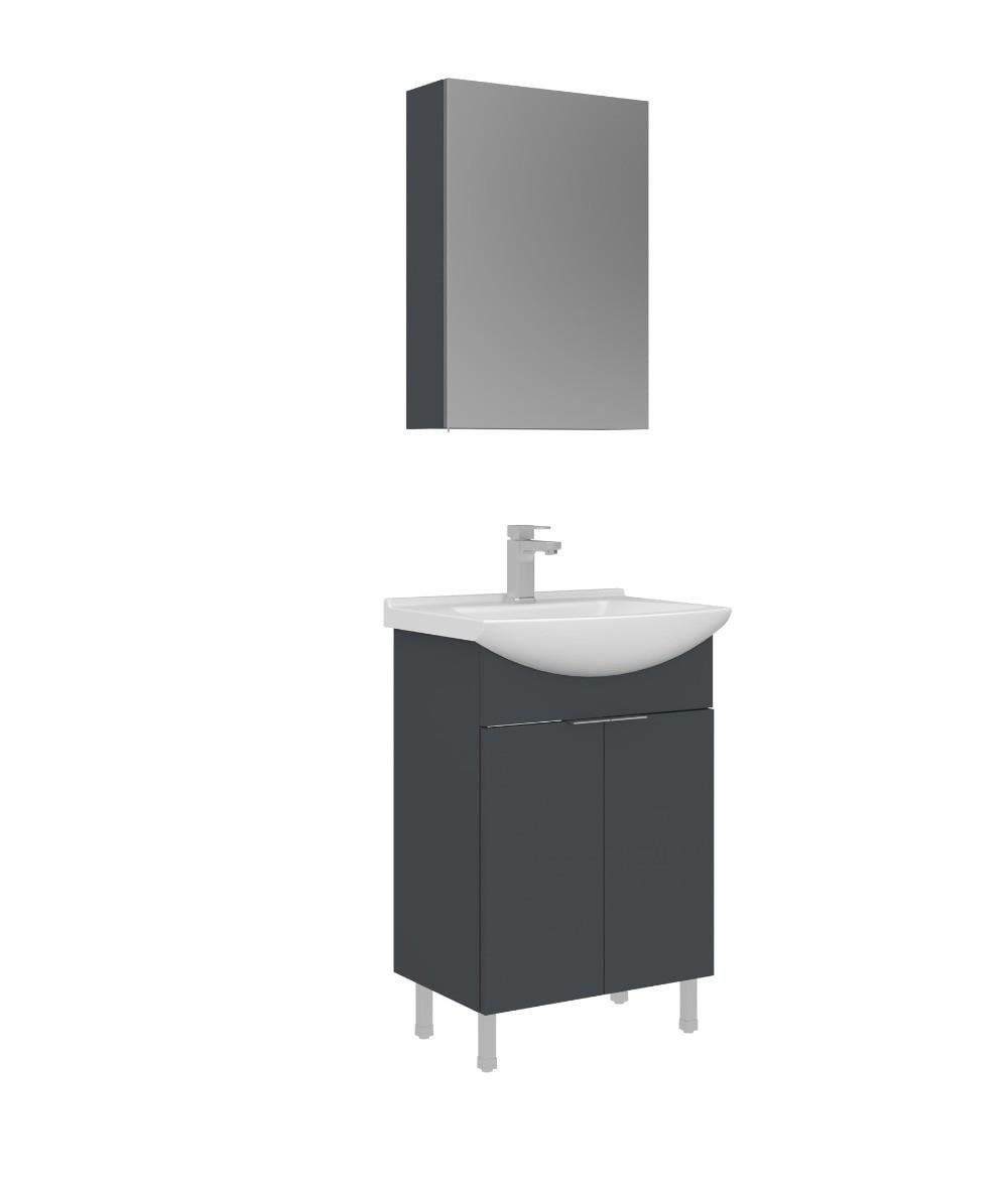 Orka Purus 55cm Ayaklı Banyo Dolabı Set Kapaklı Dolaplı Ayna Mat Antrasit