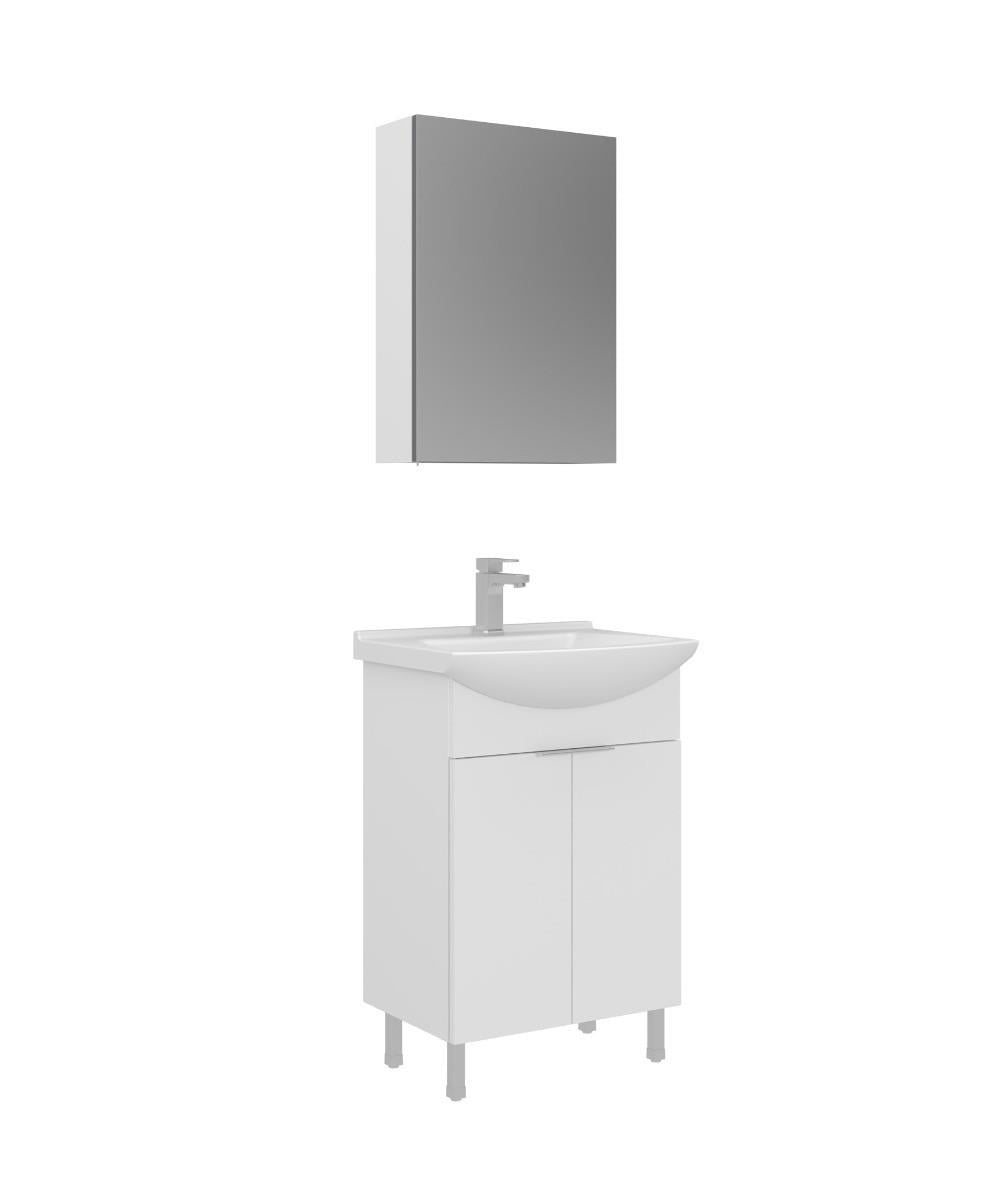 Orka Purus 55cm Ayaklı Banyo Dolabı Set Kapaklı Dolaplı Ayna Parlak Beyaz
