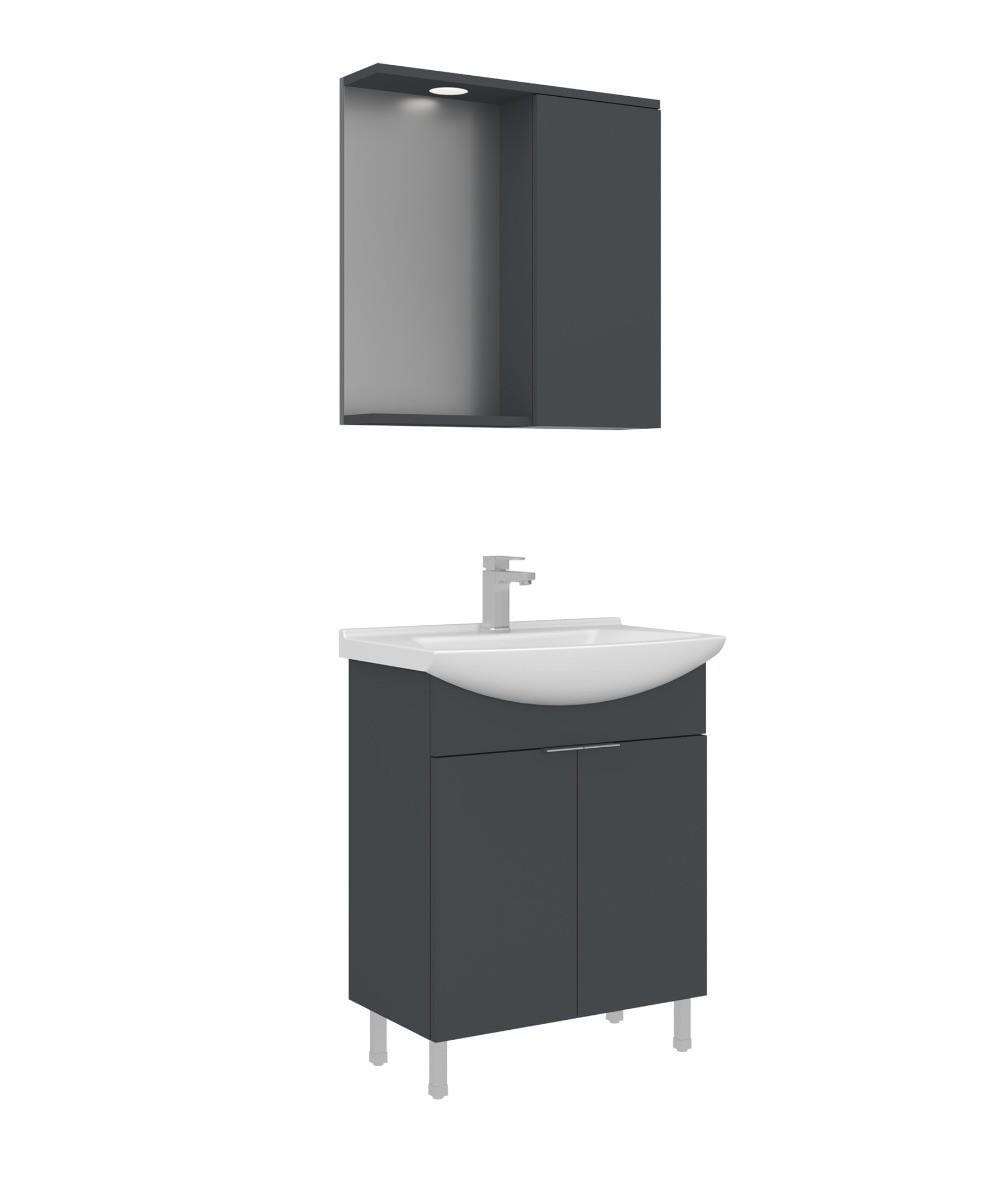 Orka Purus 65cm Ayaklı Banyo Dolabı Set Kapaklı Spot Aynalı Mat Antrasit