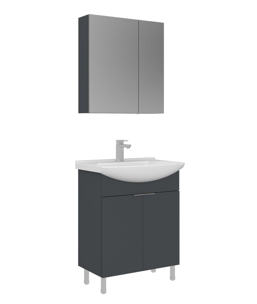 Orka Purus 65cm Ayaklı Banyo Dolabı Set Kapaklı Dolaplı Ayna Mat Antrasit