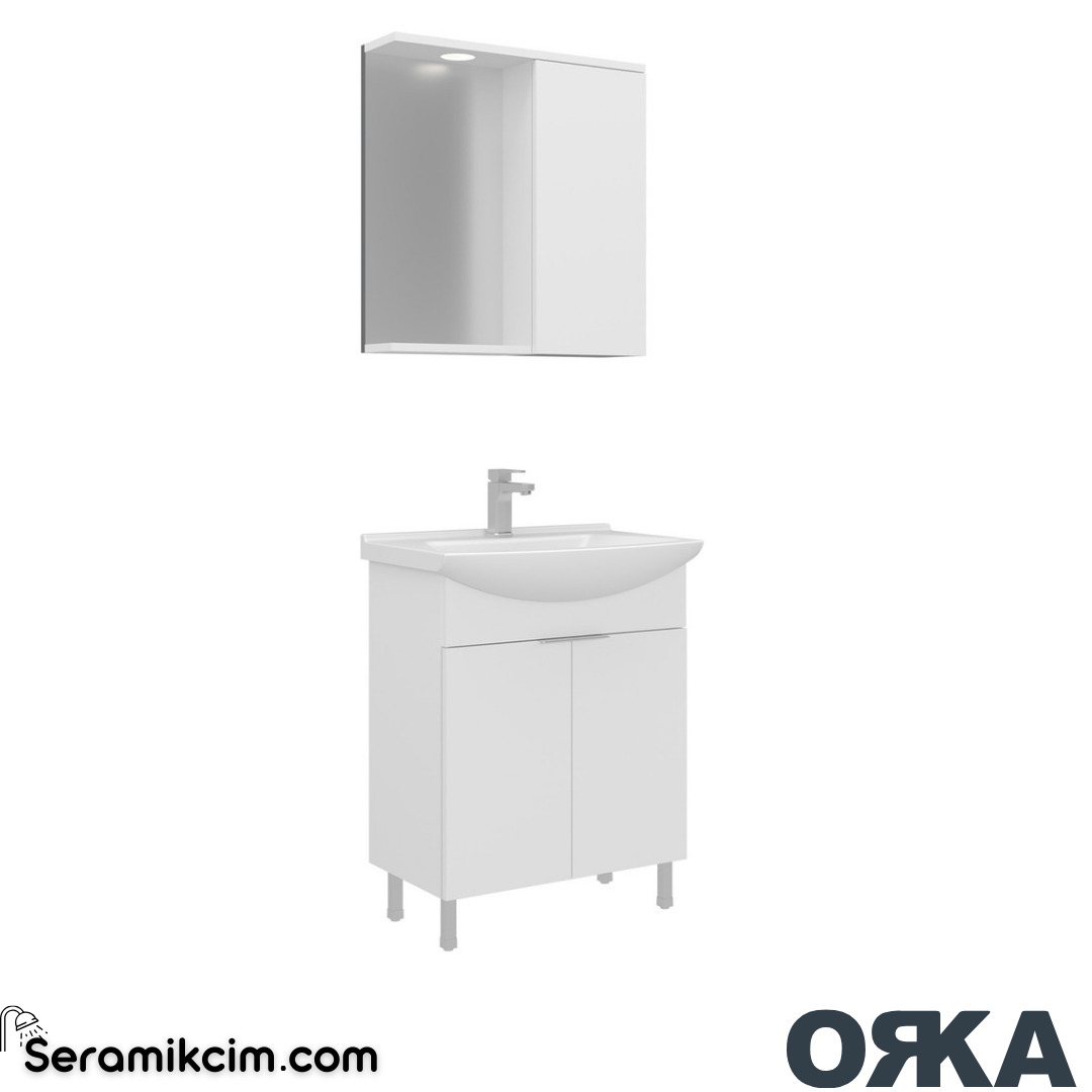 Orka Purus 65cm Ayaklı Banyo Dolabı Set Kapaklı Spot Aynalı Parlak Beyaz