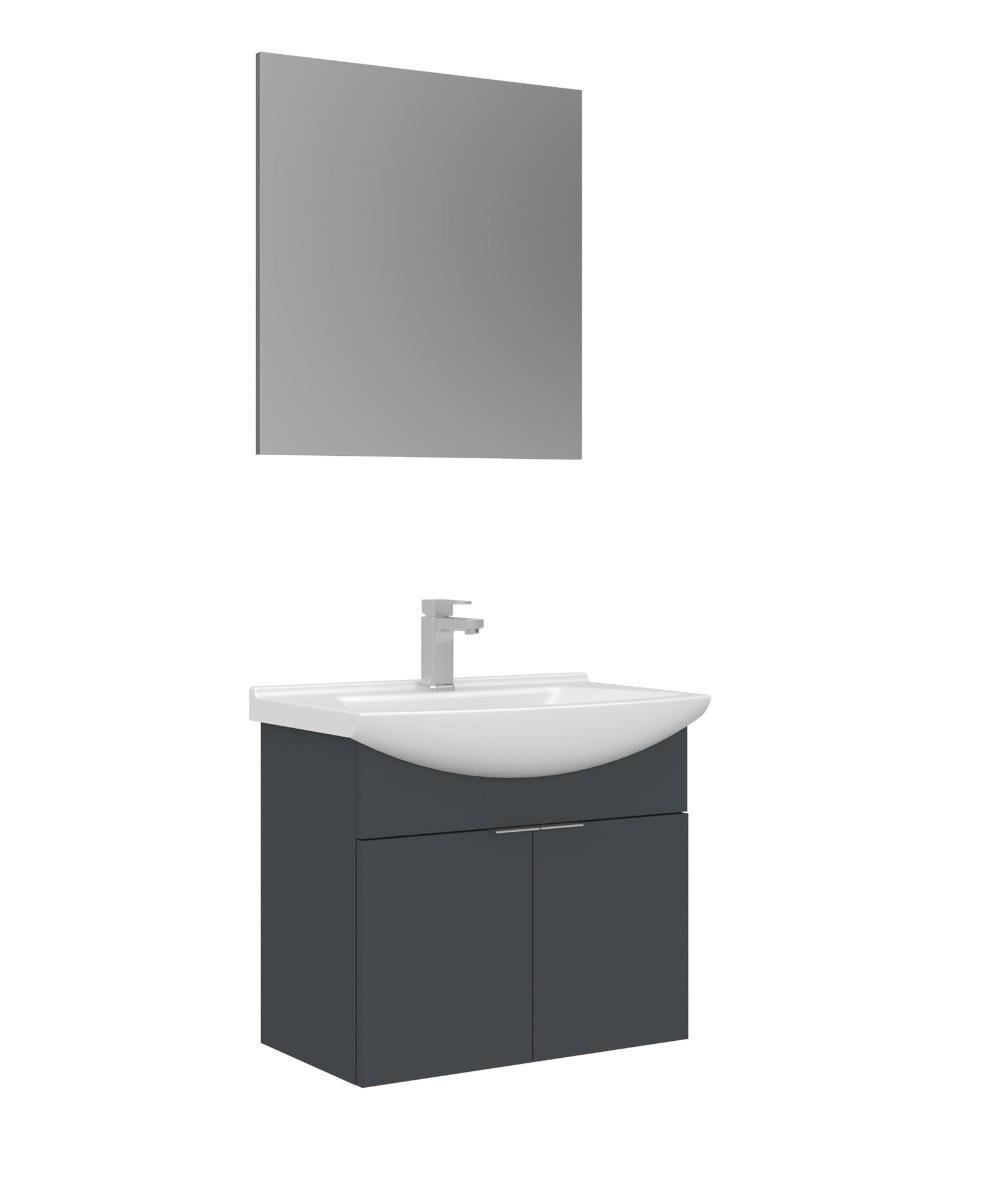 Orka Purus 65cm Ayaklı Banyo Dolabı Set Kapaklı Düz Aynalı Mat Antrasit