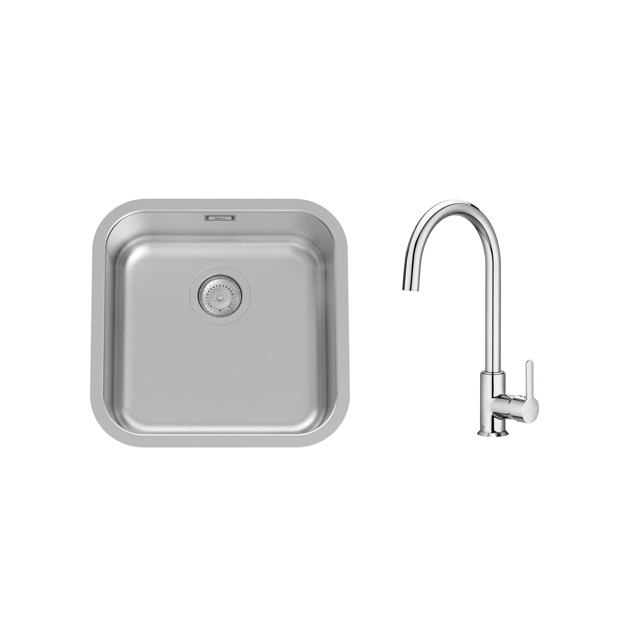 Roca Pack Porto Paslanmaz Çelik Eviye, 400 x 400 mm ve Mencia Eviye Bataryası A870RD040M