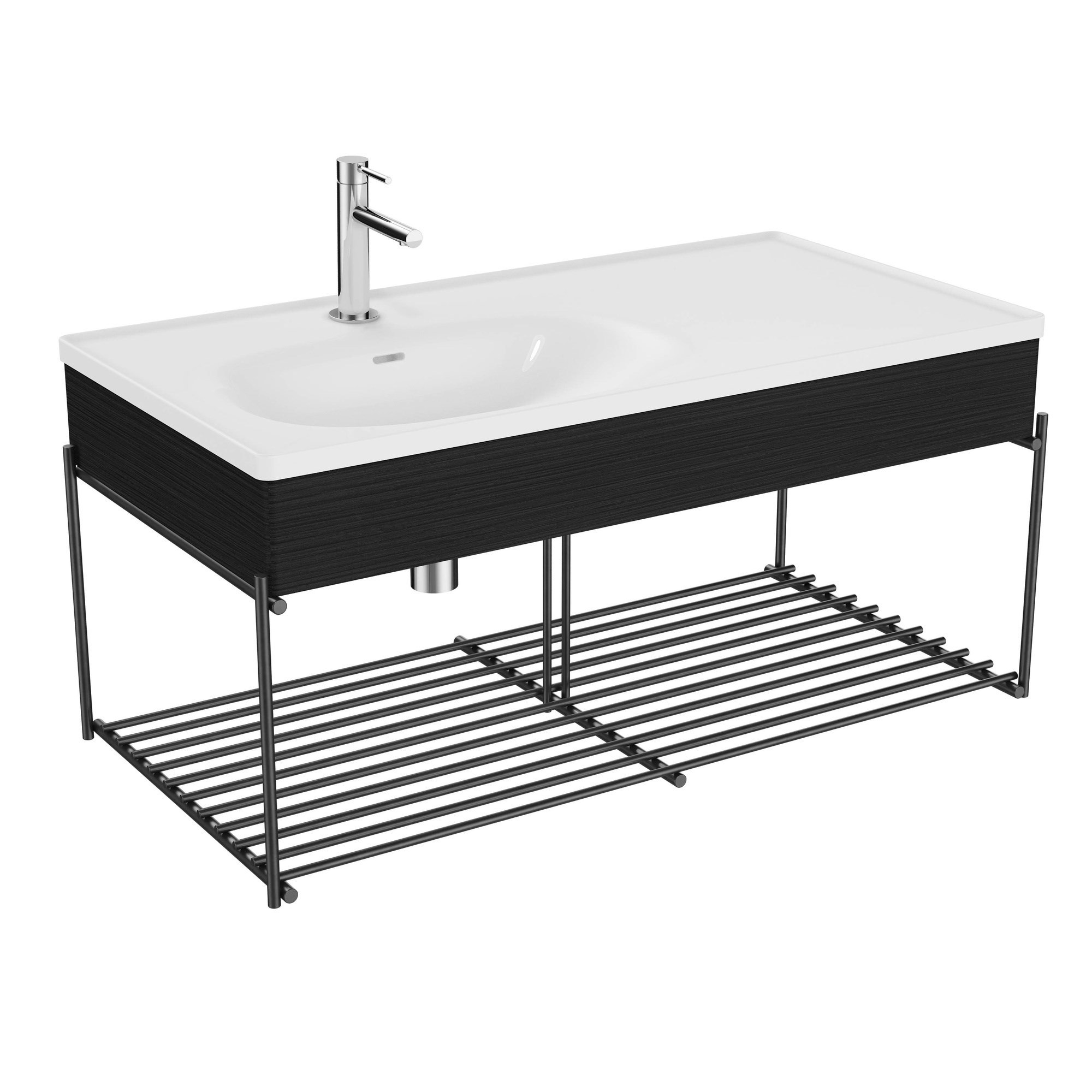 Vitra Equal Lavabo Ünitesi 100 cm Raflı Asimetrik Beyaz Lavabolu Hareli Siyah Meşe 64091