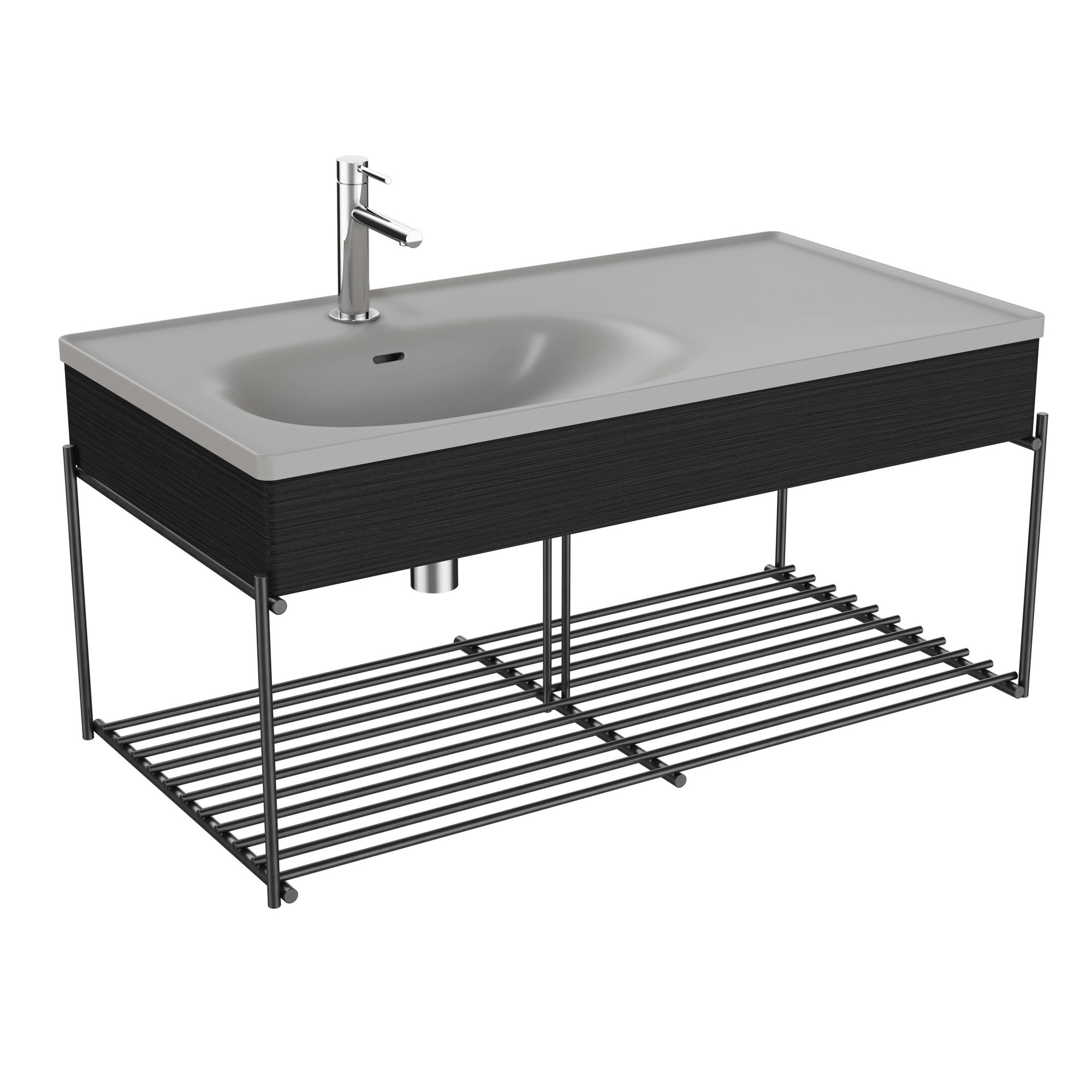 Vitra Equal Lavabo Ünitesi 100 cm Raflı Asimetrik Gri Lavabolu Hareli Siyah Meşe 66060