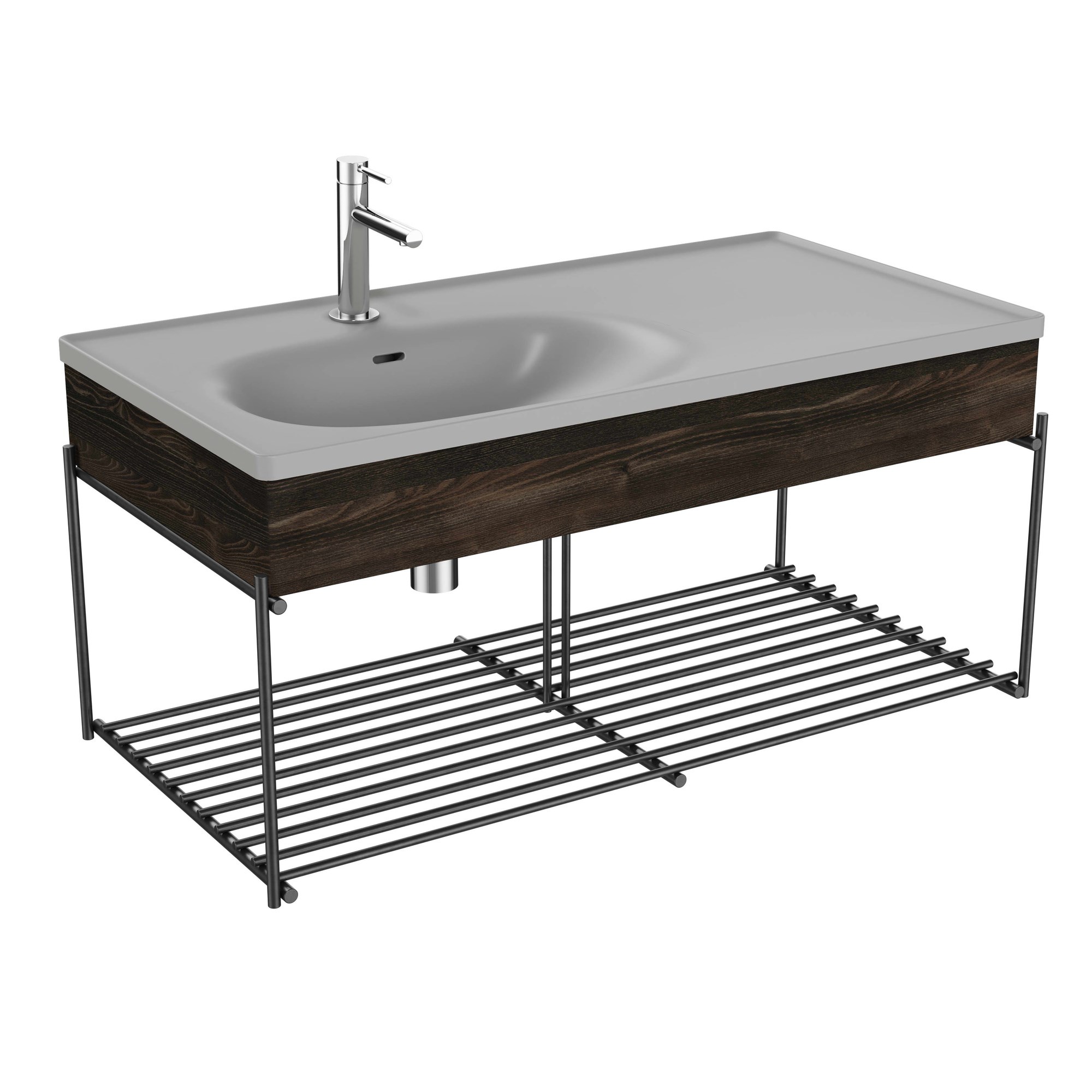 Vitra Equal Lavabo Ünitesi 100 cm Raflı Asimetrik Gri Lavabolu Karaağaç 81124