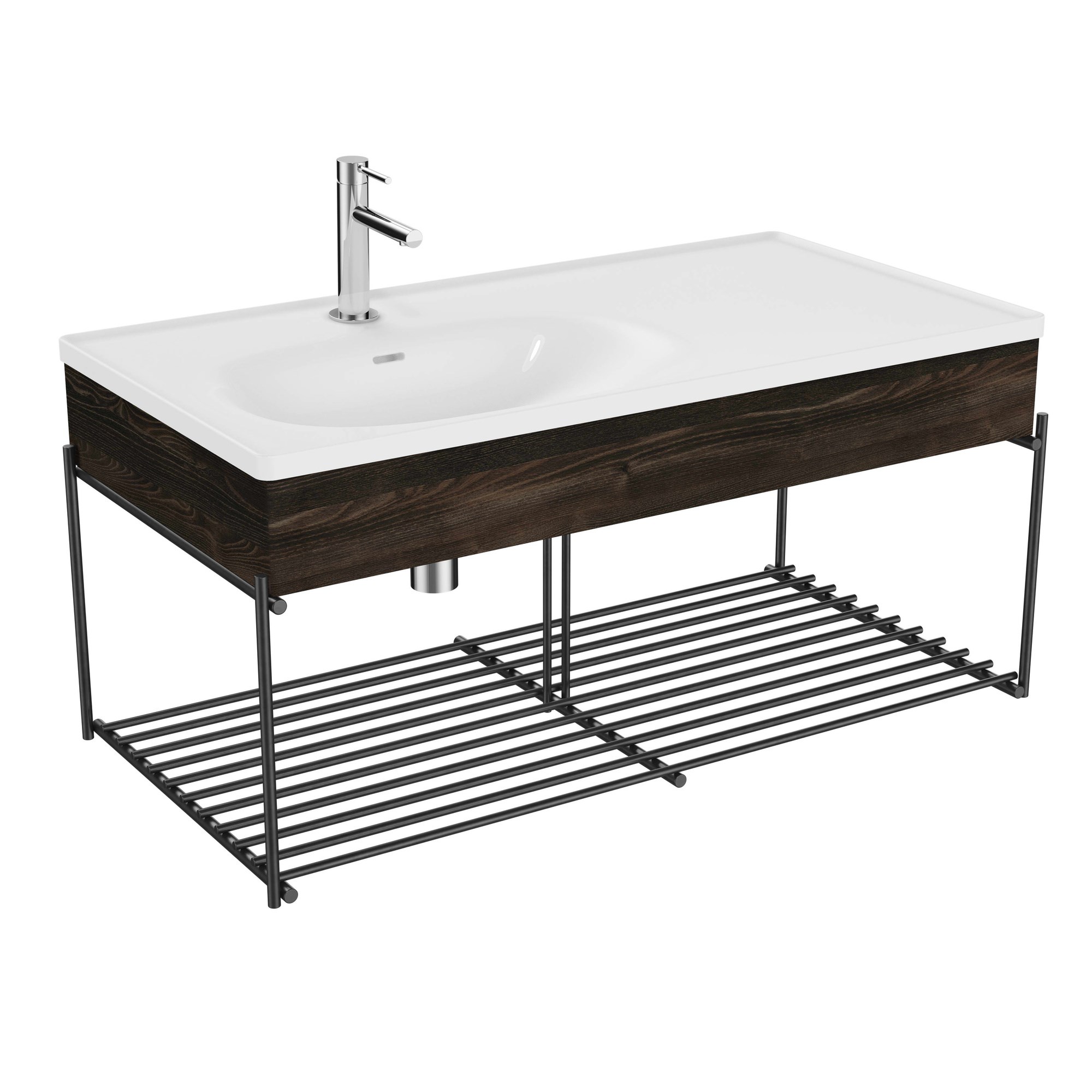 Vitra Equal Lavabo Ünitesi 100 cm Raflı Asimetrik Beyaz Lavabolu Karaağaç 81086