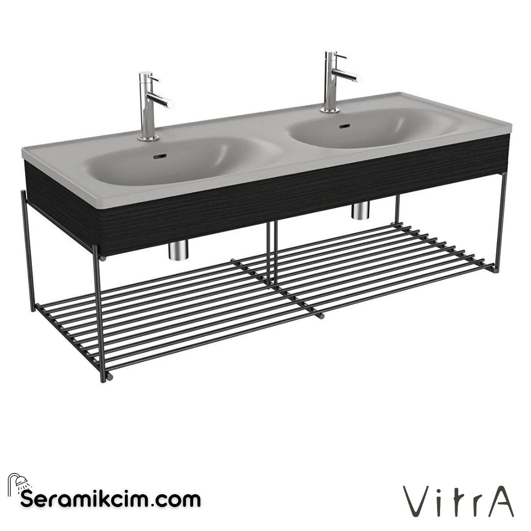 Vitra Equal Lavabo Ünitesi, 130 Cm, Çift Hazneli Gri Lavabolu,Raflı, Hareli Siyah Meşe - 66066
