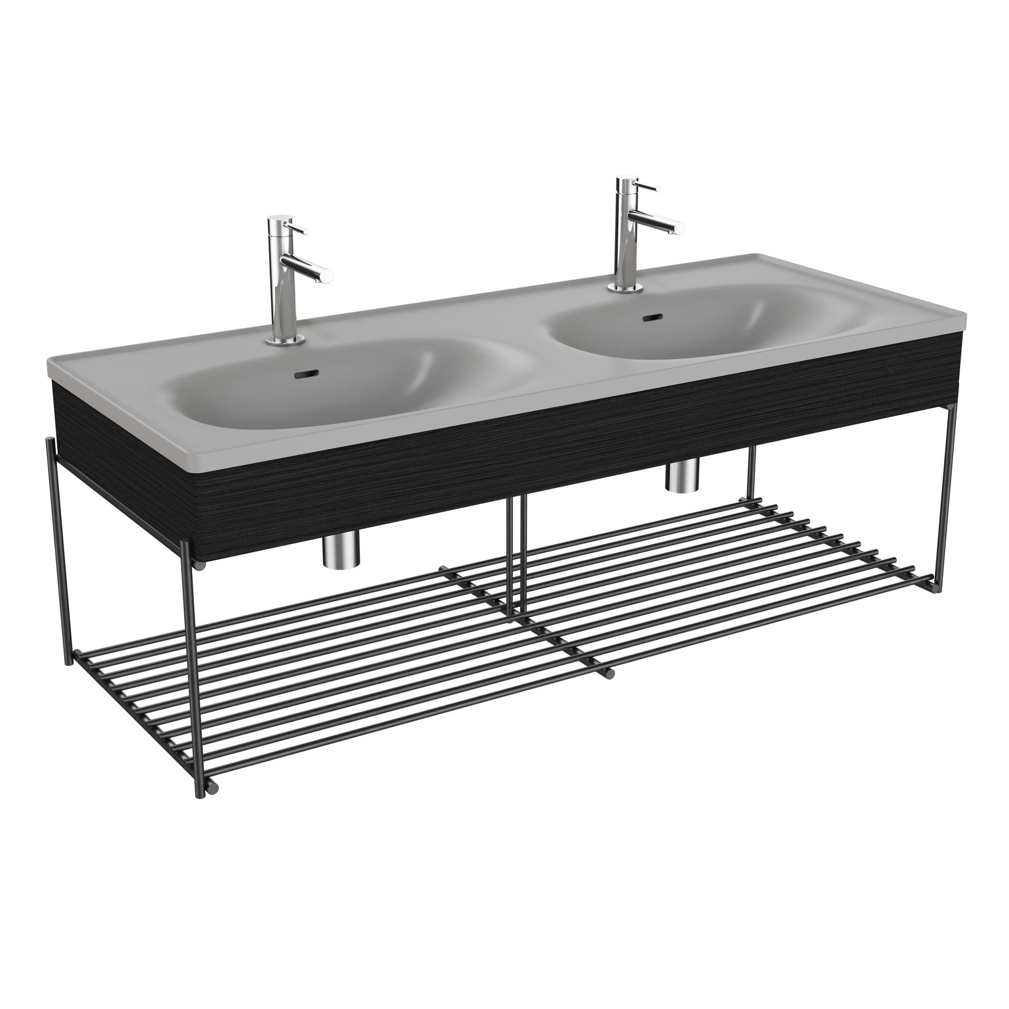 Vitra Equal Lavabo Ünitesi 130 cm Raflı Çift Hazneli Gri Lavabolu Hareli Siyah Meşe 66066