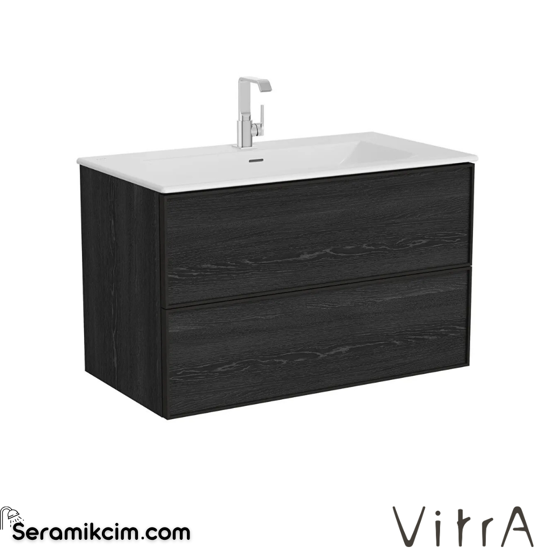 VitrA Metropole Edge Lavabo Dolabı 100 cm, iki çekmeceli etajerli lavabolu, siyah meşe 67194