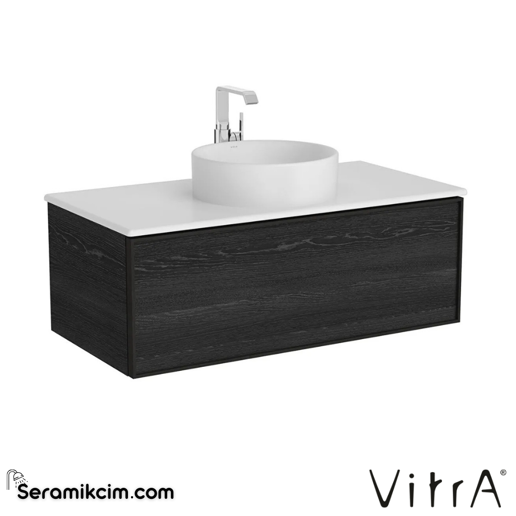 VitrA Metropole Edge Lavabo Dolabı 100 cm, bir çekmeceli mat beyaz çanak lavabolu ve seramik tezgahlı, siyah meşe 67352 - 67352