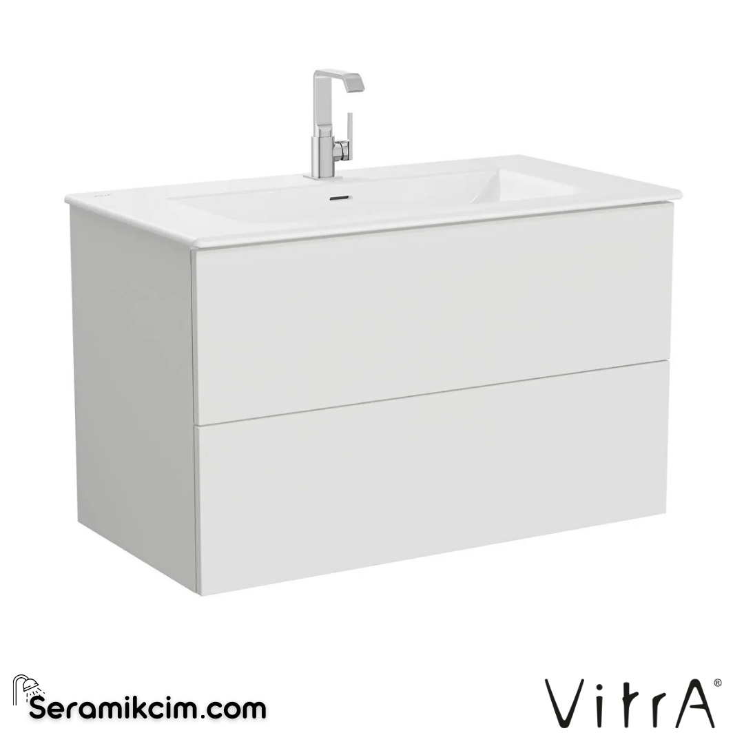 VitrA Metropole Pure Lavabo Dolabı 100 cm, iki çekmeceli etajerli lavabolu, mat açık gri 67214 - 67214