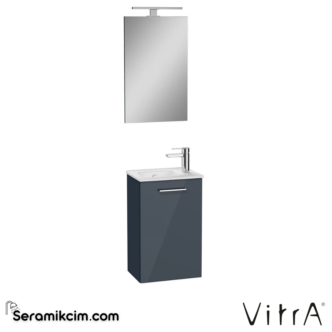VitrA Mia Banyo Dolabı Seti 40 cm, kapaklı lavabo dolabı, aydınlatmalı düz ayna, parlak antrasit 69582 - 69582