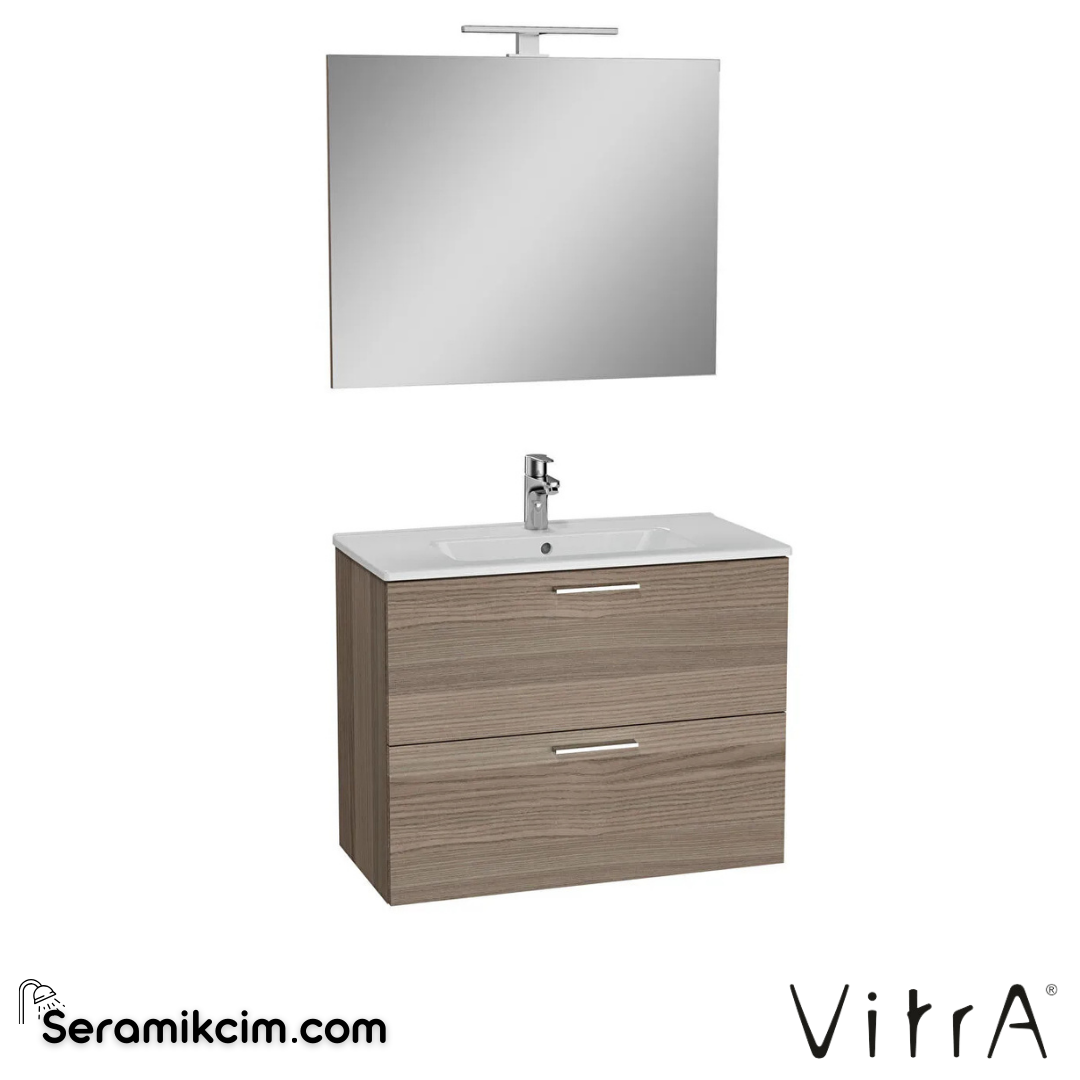 VitrA Mia Banyo Dolabı Seti 80 cm, iki çekmeceli lavabo dolabı, aydınlatmalı düz ayna, cordoba 75101 - 75101