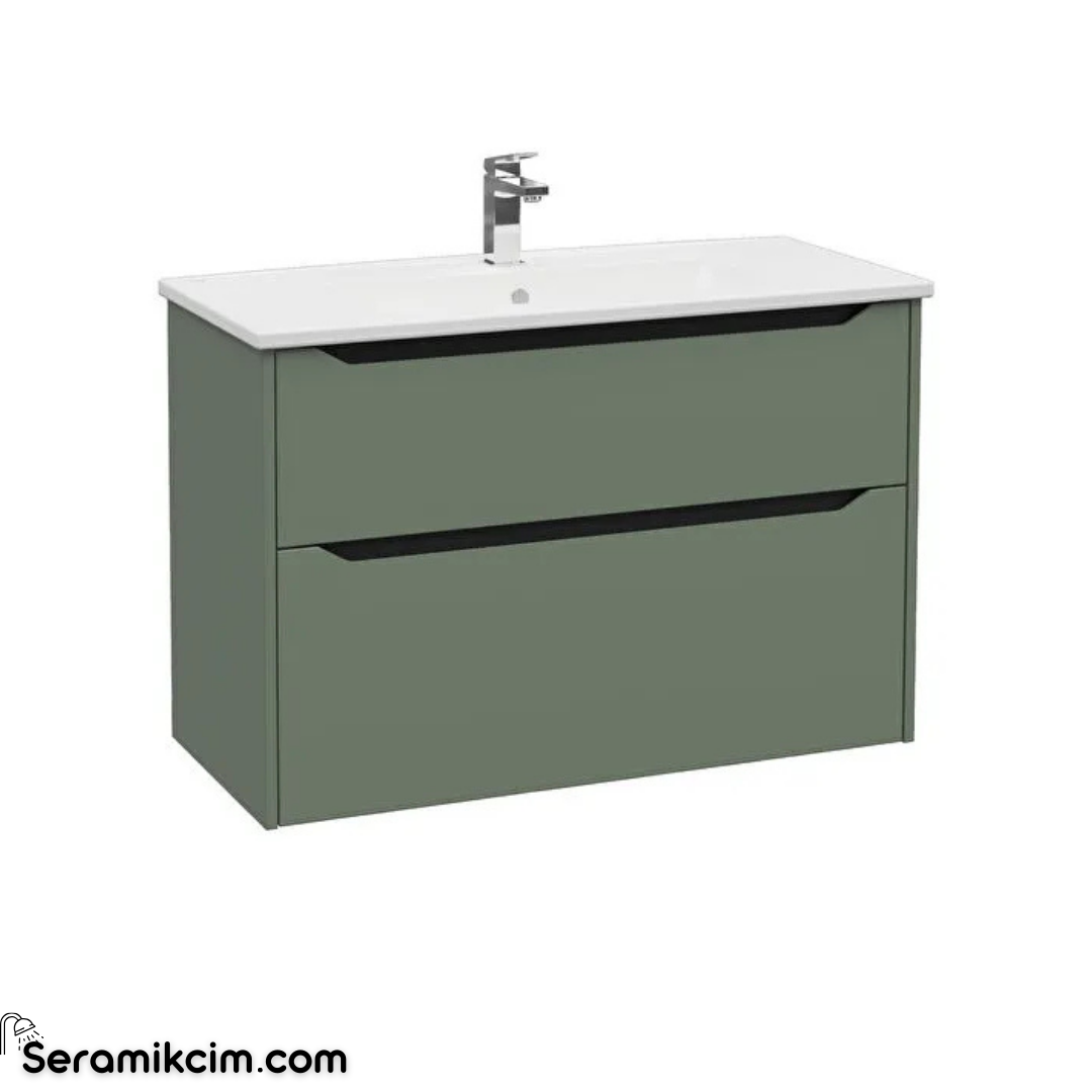 Vitra New Integra Square Lavabo Dolabı 100 Cm İki Çekmeceli Mat Yeşil 80224