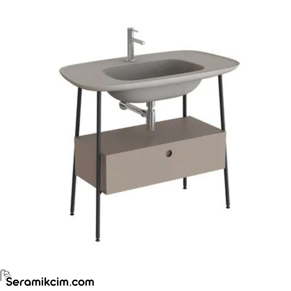 Vitra Plural Lavabo Dolabı 100 Cm Bir Çekmeceli Tek Armatür Delikli Mat Taupe Seramik Lavabolu Mat Soft Bej 80460