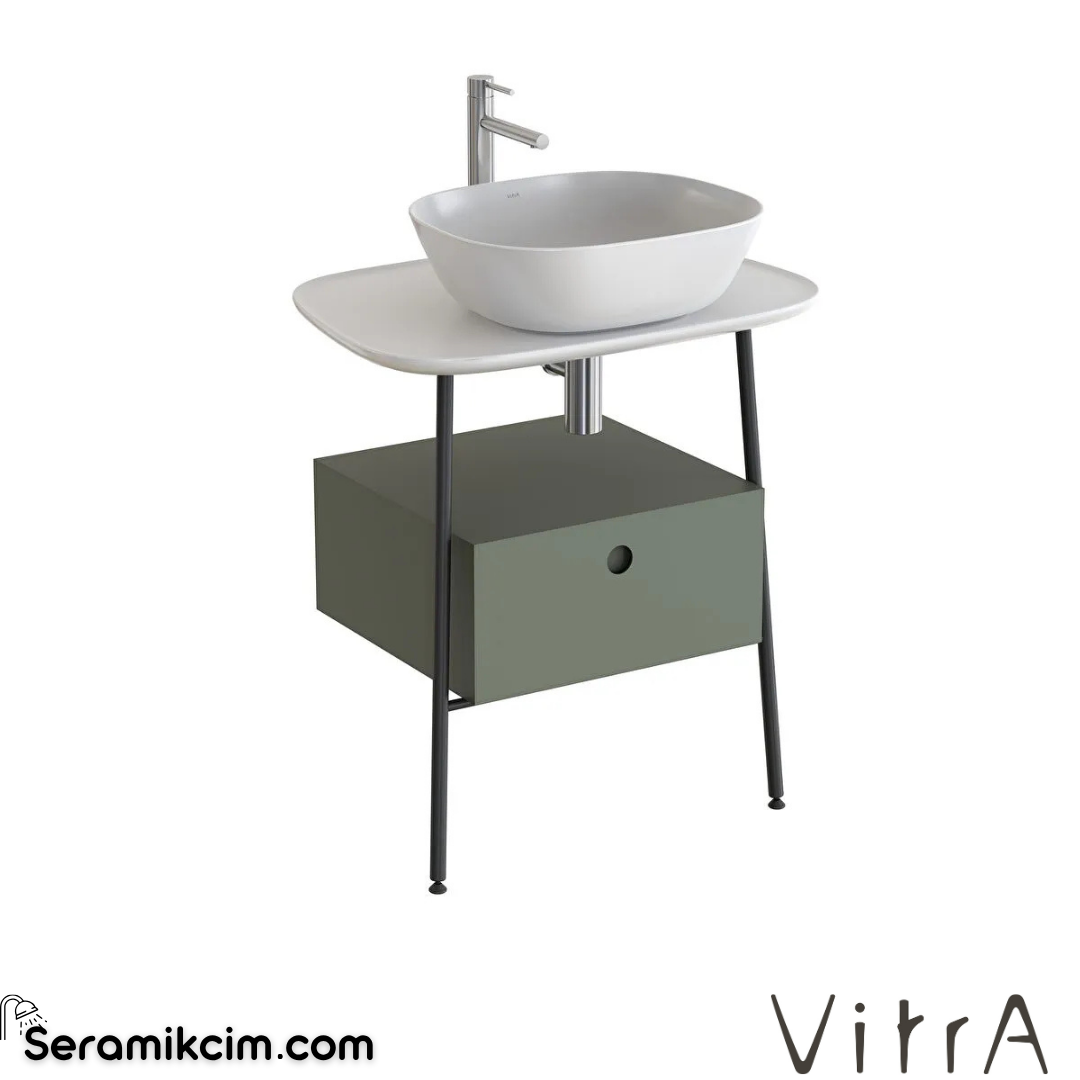 VitrA Plural Tezgah Ünitesi 70 cm bir çekmeceli asma yüksek tek armatür delikli parlak beyaz seramik tezgah mat retro yeşil lavabosuz 80472
