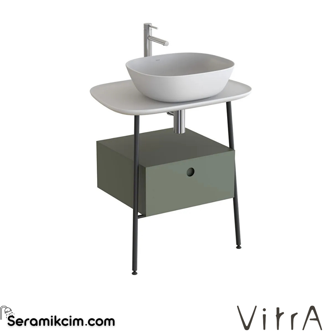 VitrA Plural Tezgah Ünitesi 70 cm bir çekmeceli asma yüksek tek armatür delikli mat beyaz seramik tezgah mat retro yeşil lavabosuz 80473