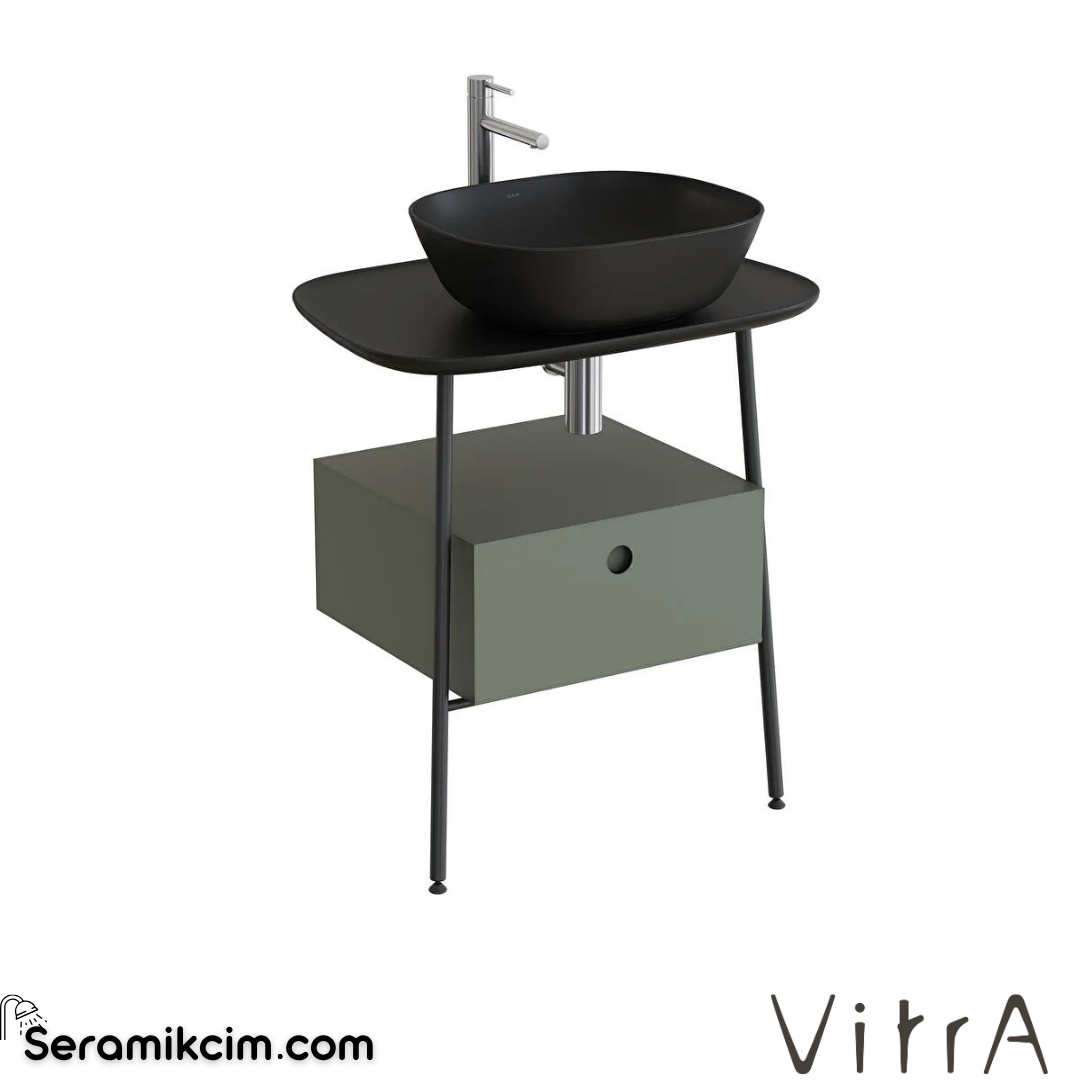 VitrA Plural Tezgah Ünitesi 70 cm bir çekmeceli asma yüksek tek armatür delikli mat siyah seramik tezgah mat retro yeşil lavabosuz 80474